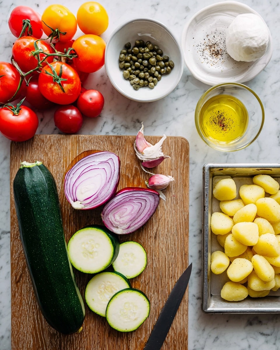 The image shows fresh ingredients arranged neatly on a white marbled surface and a wooden cutting board. On the board, there is a dark green zucchini partly sliced into thick round pieces showing a pale green inside, a red onion cut in half showing glossy purple layers, and two cloves of garlic with purple skin. Above the cutting board, a small white bowl with green capers sits next to a small bowl of yellow olive oil with some black pepper sprinkled on top. To the left, bright red and orange cherry tomatoes on green stems add vibrant color. In the corner, a small glass container holds a white ball of cheese, and on the right side, a metal tray contains plump yellow gnocchi. A woman’s hand is not visible but implied by the knife placed on the board. Photo taken with an iphone --ar 4:5 --v 7
