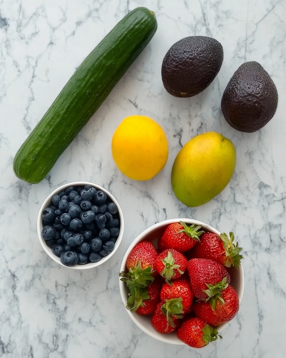The image shows a white marbled surface holding several fresh fruits and vegetables. On the top left is a long, dark green cucumber. Two dark purple avocados are placed to the right of the cucumber. Below them, there are two bright yellow mangoes next to each other. On the bottom left, a small white bowl filled with round, dark blue blueberries is placed close to a larger white bowl holding bright red strawberries with green leaves. The different colors and textures of the fruits and vegetables stand out clearly against the white marbled background. photo taken with an iphone --ar 4:5 --v 7