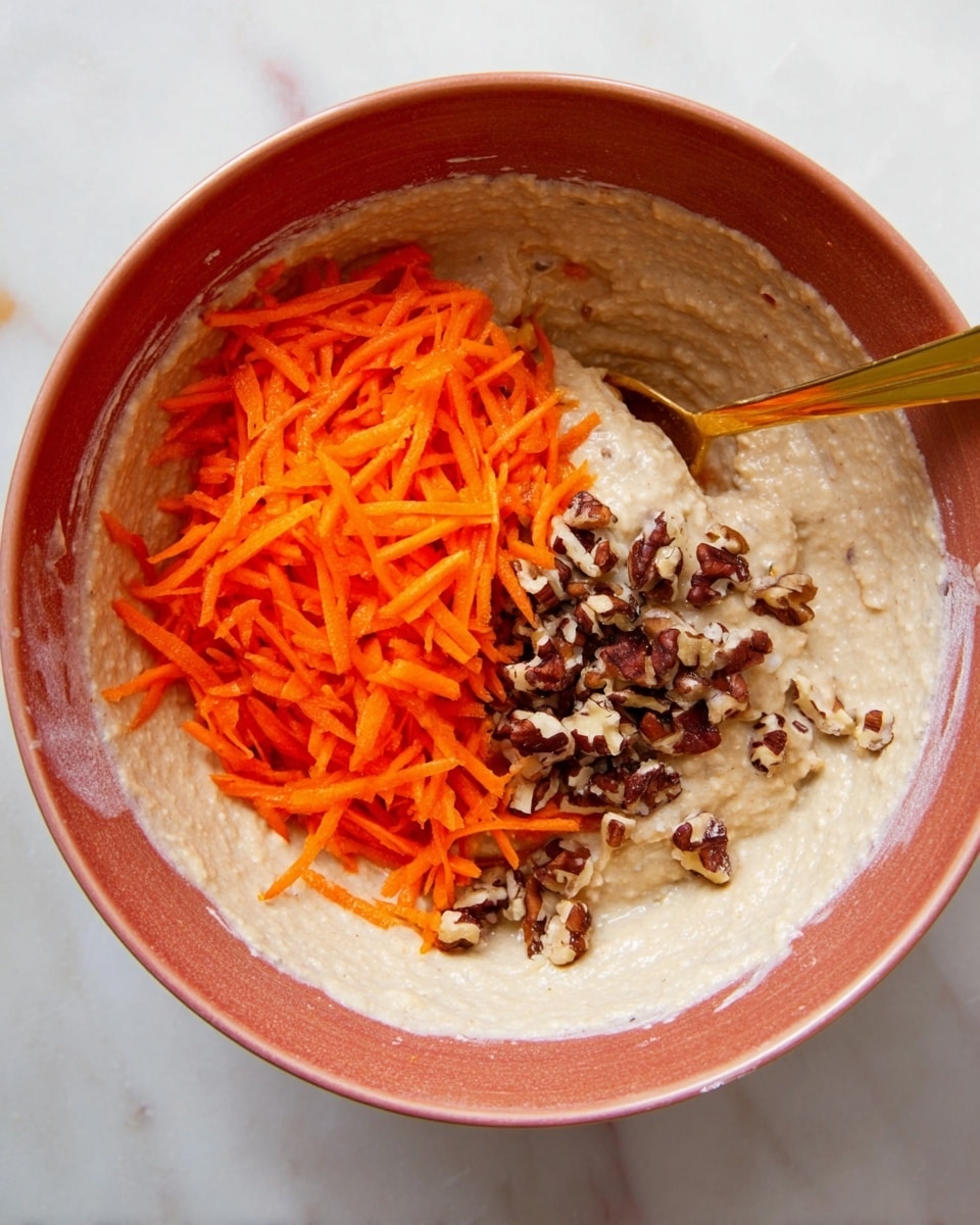 A white mixing bowl holds a thick, light beige batter as the base layer. On top of this batter, there are two separate piles: one is bright orange shredded carrots in the center, and the other is a small heap of chopped dark brown nuts off to the side. A golden spoon rests inside the bowl, partially buried in the batter near the carrots. The bowl sits on a white marbled surface. Photo taken with an iphone --ar 4:5 --v 7