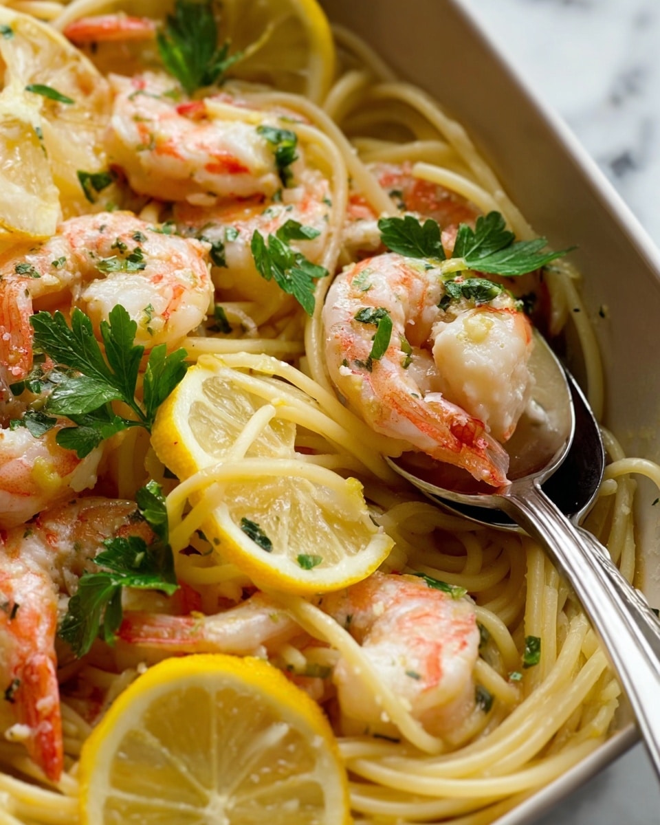 A close-up of a dish with thick spaghetti noodles at the bottom, light yellow in color and slightly glossy with oil. On top, large pink shrimp with some parts white and slightly translucent, sprinkled with small green herb pieces. Thin lemon slices, pale yellow with visible seeds, are placed among the shrimp. Fresh green parsley leaves sit on the shrimp and lemon, adding bright color. A silver spoon with a shiny surface rests among the noodles. The background shows a white marbled surface. Photo taken with an iphone --ar 4:5 --v 7