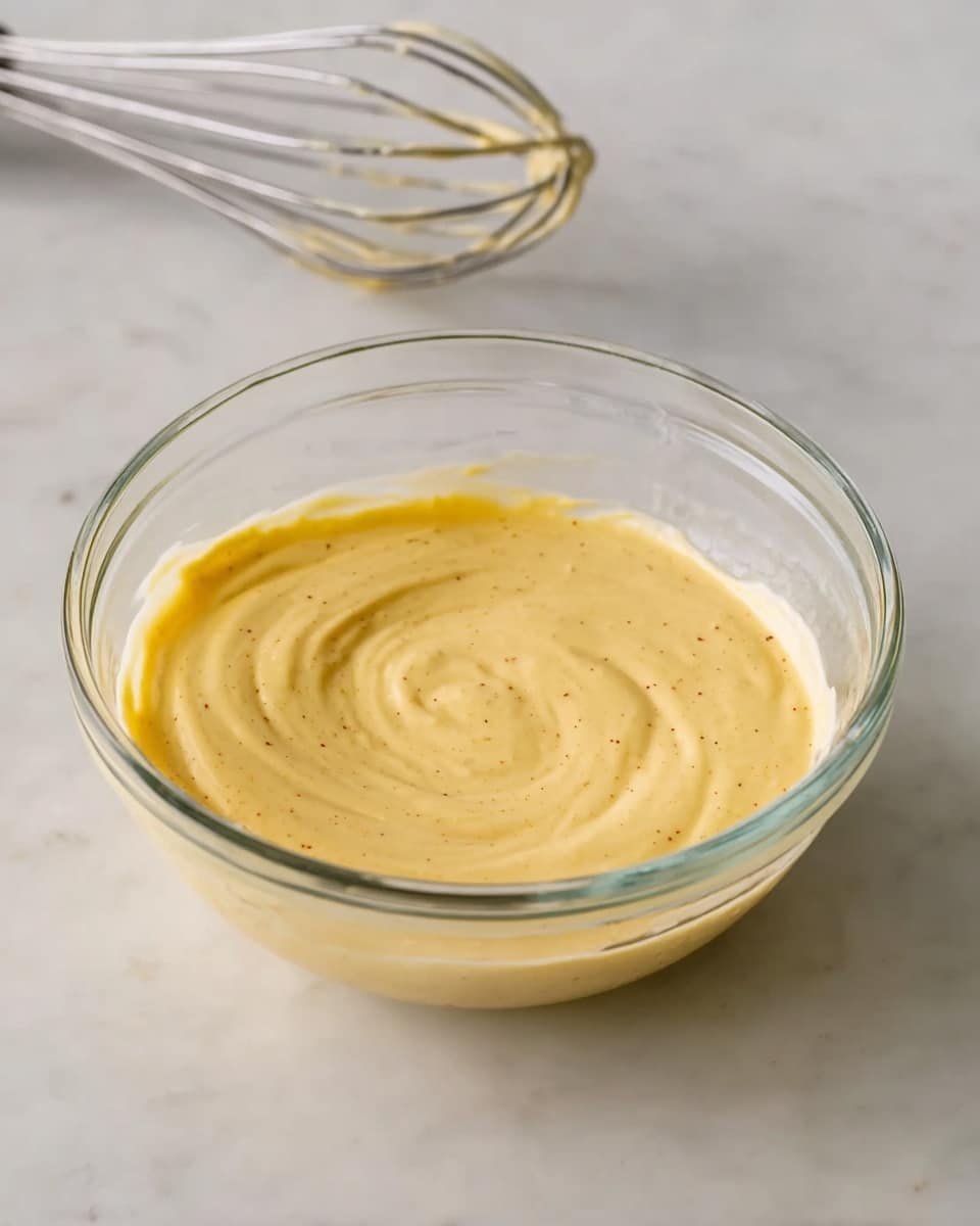 A clear glass bowl is filled with one layer of smooth, light yellow sauce that has small dark specks scattered throughout, indicating spices. The sauce has a creamy and slightly thick texture with visible swirling patterns on the surface. Behind the bowl, a metal whisk with some of the sauce clinging to its wires is resting on a white marbled surface. The scene is simple and clean. photo taken with an iphone --ar 4:5 --v 7