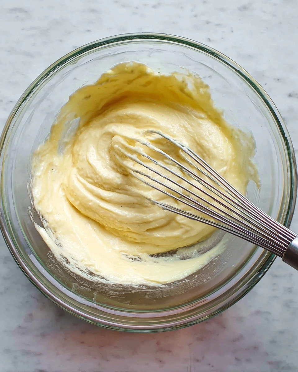 A clear glass bowl filled with a thick, creamy pale yellow mixture with a smooth texture, being stirred by a metal whisk resting inside the bowl, placed on a white marbled surface. The mixture looks soft and fluffy with some swirls and peaks created by the whisk movements. Photo taken with an iphone --ar 4:5 --v 7