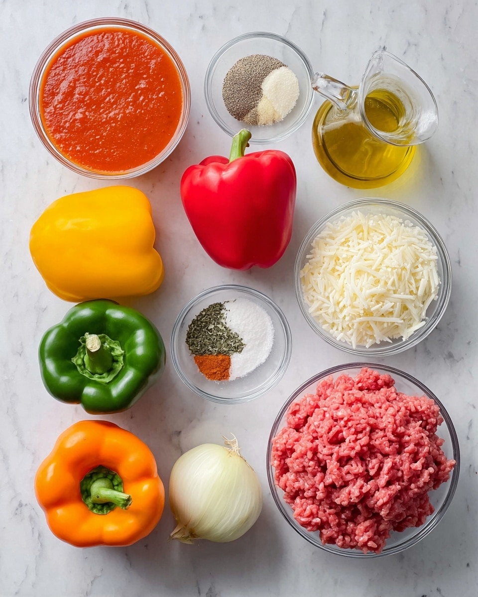 This image shows ingredients neatly arranged on a white marbled surface, including four whole bell peppers in red, yellow, orange, and green, placed in a row near the center. There is a whole yellow onion and two garlic cloves near a glass pourer of light olive oil on the top right side. On the left side, there are four small clear glass bowls: one with smooth red tomato sauce at the top left, a mix of spices including black pepper, salt, paprika, and herbs below it, plain white cooked rice below that, and shredded white cheese to the right of the rice. On the bottom right, there is a clear glass bowl filled with raw ground beef. photo taken with an iphone --ar 4:5 --v 7