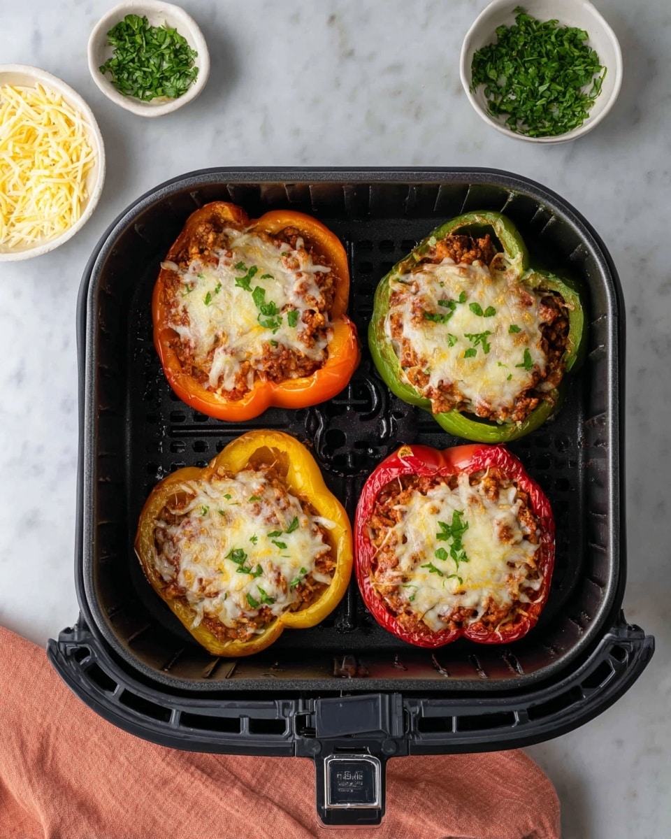 The image shows four stuffed bell peppers in an air fryer basket on a white marble surface. Each pepper is cut in half horizontally and filled with a mixture that looks like ground meat and spices, topped with melted cheese that is bubbly and slightly browned. The colors of the peppers are orange, red, green, and yellow, and they are arranged in a square shape inside the black air fryer basket. The filling is garnished with small green herb pieces sprinkled on top. Nearby are two small white bowls, one with finely chopped green herbs and the other with shredded cheese. A peach-colored cloth is partially visible under the air fryer basket. Photo taken with an iphone --ar 4:5 --v 7