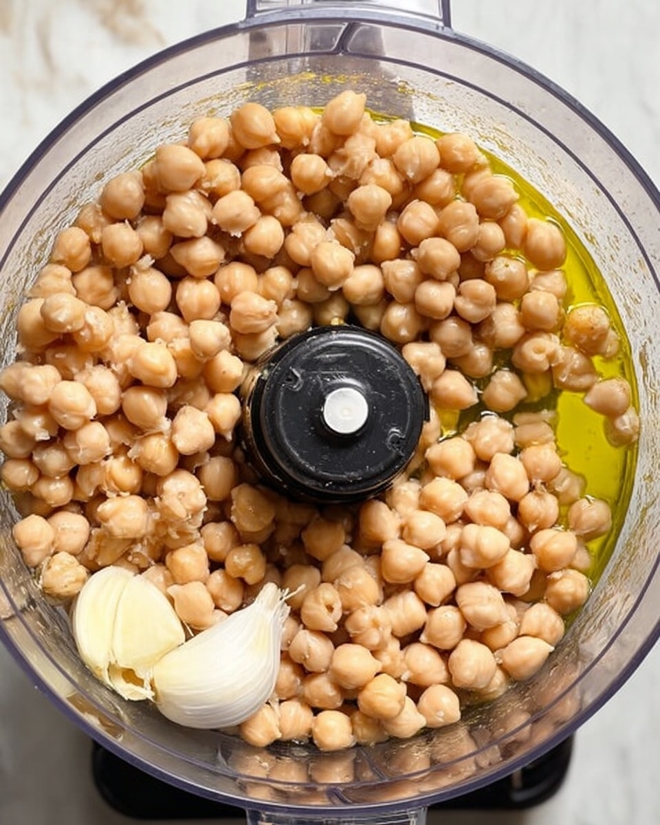 A clear food processor bowl filled almost to the top with light brown chickpeas, a small amount of olive oil pooled on one side giving a shiny, yellow-green contrast, and a single large clove of white garlic near the bottom left. The bowl is set on a white marbled surface, and the black central blade holder is visible in the middle of the chickpeas. The chickpeas have a smooth, round texture and a pale, beige color. photo taken with an iphone --ar 4:5 --v 7