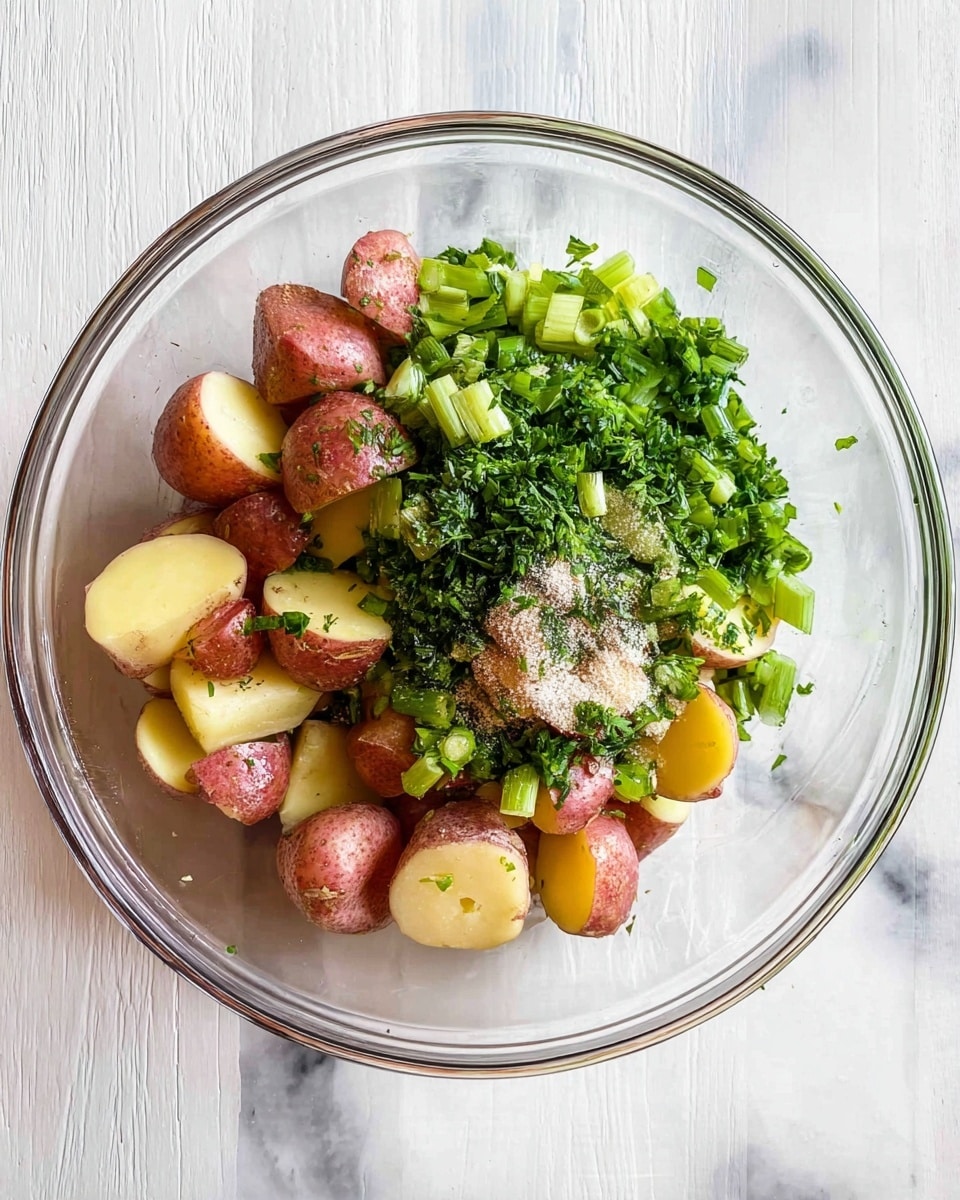 A clear glass bowl filled with three main layers: at the bottom, chunks of small red and yellow potatoes with smooth skin; on the right side, a fresh, bright green mix of chopped herbs including scallions and parsley with leafy textures; sprinkled over the potatoes and herbs, a light dusting of white seasoning powder adding contrast. The bowl sits on a white marbled surface, showing a clean and bright background. photo taken with an iphone --ar 4:5 --v 7