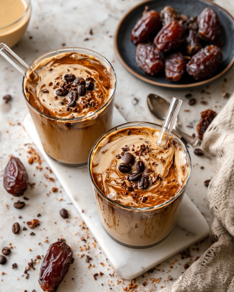 Two glasses filled with a creamy brown coffee drink swirl with light beige cream on top, creating a marbled effect. Each glass has a few dark brown coffee beans and small bits of cocoa sprinkled on the surface. Clear straws are placed inside the drinks. The glasses rest on a white marbled surface scattered with coffee beans and cocoa bits. Nearby, there are light brown dates on a textured cloth, and a dark plate holds more coffee beans with a silver spoon resting in it, containing a thick beige liquid. Photo taken with an iphone --ar 4:5 --v 7