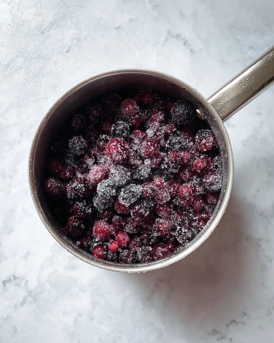 A silver pot filled with a mix of small dark purple and red berries that look frozen, with frost and sugar crystals scattered on top and around the berries inside the pot. The pot is resting on a white marbled surface. photo taken with an iphone --ar 4:5 --v 7