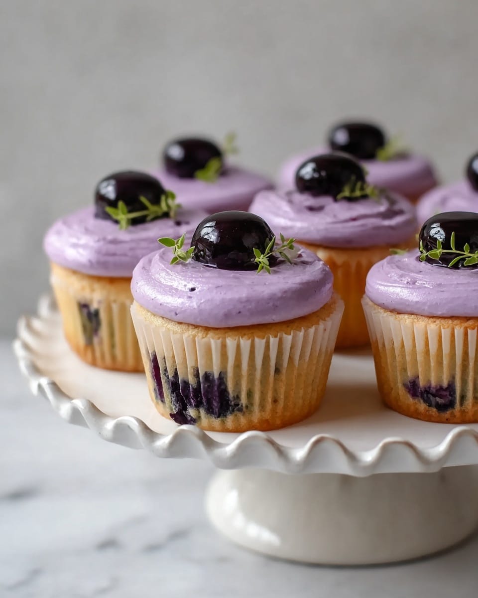 A close-up view of a half-eaten muffin held by a woman's hand with a white marbled background. The muffin has two main layers: the bottom part is a soft yellow cake filled with scattered dark purple blueberries, showing a moist and crumbly texture. On top, there is a thick layer of smooth light purple frosting with small bits, topped with a glossy dark purple dollop of jam or fruit sauce in the center, with some of the sauce slightly dripping down onto the frosting. Photo taken with an iphone --ar 4:5 --v 7