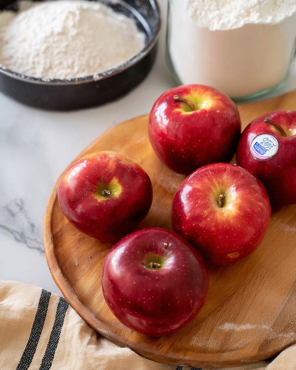 The image shows five shiny red apples with small greenish-yellow areas near the stems, placed on a wooden board. One apple has a blue and white sticker on it. Behind the apples, there is a large clear jar filled with white flour, and to the left, a round black baking pan with some flour dusted on it. The board and items are set on a white marbled surface with a beige and black striped cloth partially visible. Photo taken with an iphone --ar 4:5 --v 7