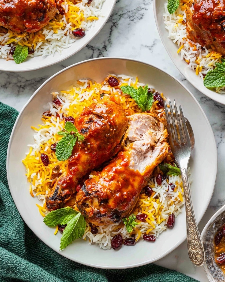 A white round plate holds two pieces of cooked chicken coated in a reddish-brown sauce, one drumstick and one thigh, with the thigh cut open showing tender, light pink meat inside. The chicken rests on a bed of yellow and white rice mixed with small red dried fruit pieces, possibly cranberries, and garnished with fresh green mint leaves scattered on top. A silver fork is placed on the right side of the plate, slightly piercing the rice. The plate is set on a green cloth, all on a white marbled surface. In the top part of the image, there are parts of two other white plates visible, one with similar rice and the other with a single piece of chicken covered in sauce. Photo taken with an iphone --ar 4:5 --v 7