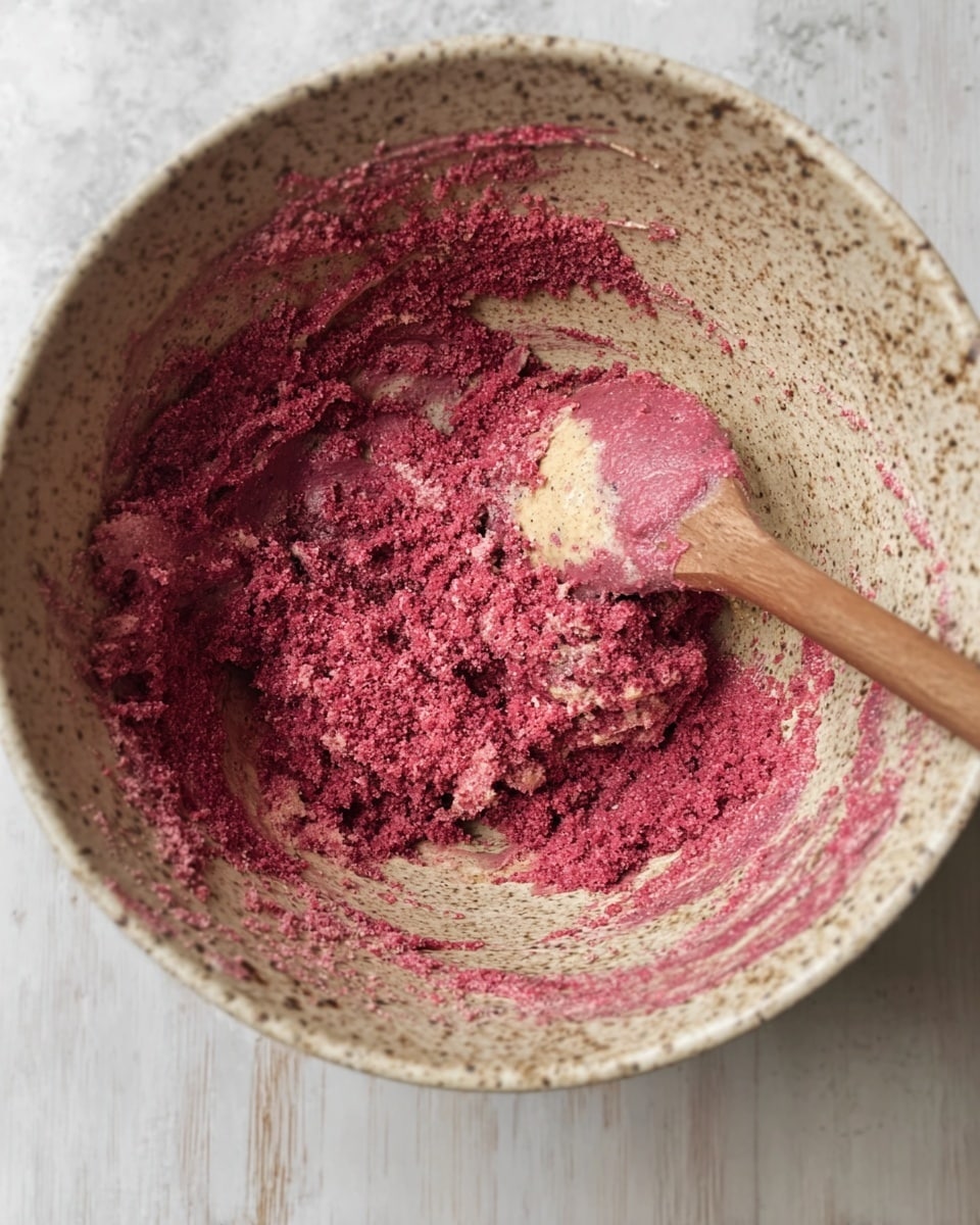 Inside a large speckled mixing bowl sits a thick, grainy mixture with two main layers: a deep pink layer covering most of the inside of the bowl and a lighter beige layer underneath in parts. The pink layer has a rough texture with small crumb-like bits, while the beige parts appear smoother and dense. A wooden spoon with pink mixture smeared on its flat, rounded head lies partially submerged on the right side, resting against the bowl’s inner curve. The bowl sits on a white marbled surface with faint wood textures visible beneath. photo taken with an iphone --ar 4:5 --v 7