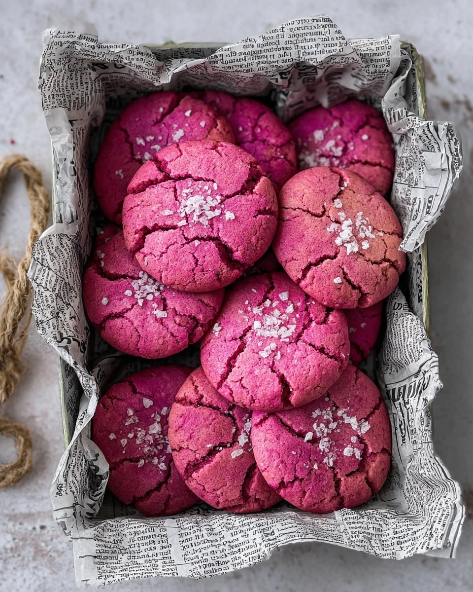 A metal basket lined with black and white newspaper holds a group of round, cracked pink cookies sprinkled with coarse white salt on top. The cookies vary slightly in shade between bright and soft pink, showing a rough, textured surface. The basket is placed on a white marbled surface with a few dried rosebuds scattered nearby, adding a delicate touch to the scene. photo taken with an iphone --ar 4:5 --v 7