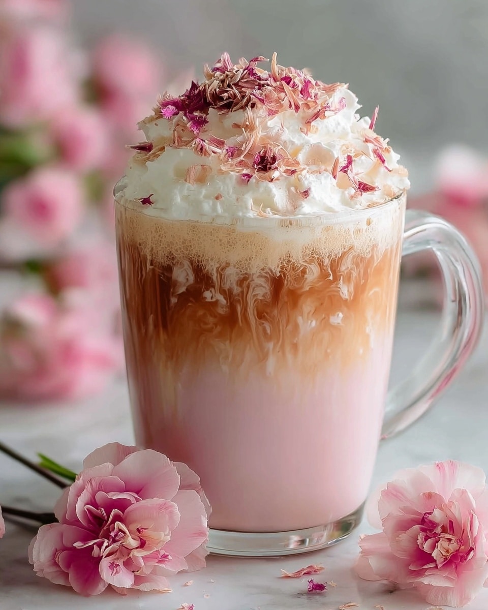A clear glass mug filled with three visible layers: the bottom layer is smooth and light pink, the middle layer is a swirling mix of light brown and creamy white with some bubbles, and the top layer has fluffy white whipped cream sprinkled with dark and light pink shreds. The mug is placed on a white marbled surface with soft pink flowers around it. Photo taken with an iphone --ar 4:5 --v 7