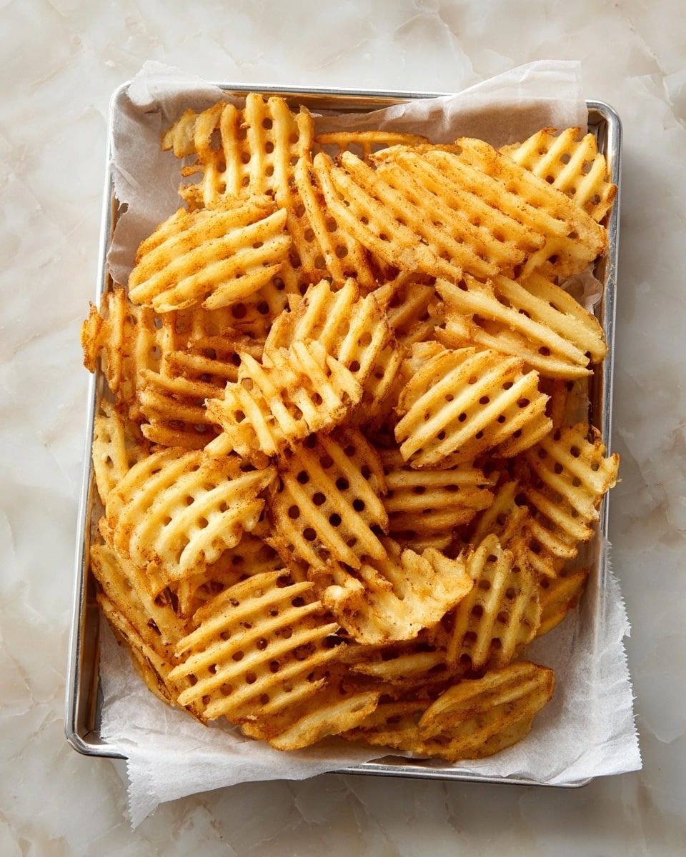 A large pile of golden waffle fries with a crispy texture fills a rectangular baking tray lined with white parchment paper. The waffle fries have a lattice pattern with small square holes, showing a mix of smooth and slightly rough edges. The tray sits on a white marbled surface, and the fries are arranged in a slightly messy stack with varying thicknesses and shades of golden brown. photo taken with an iphone --ar 4:5 --v 7