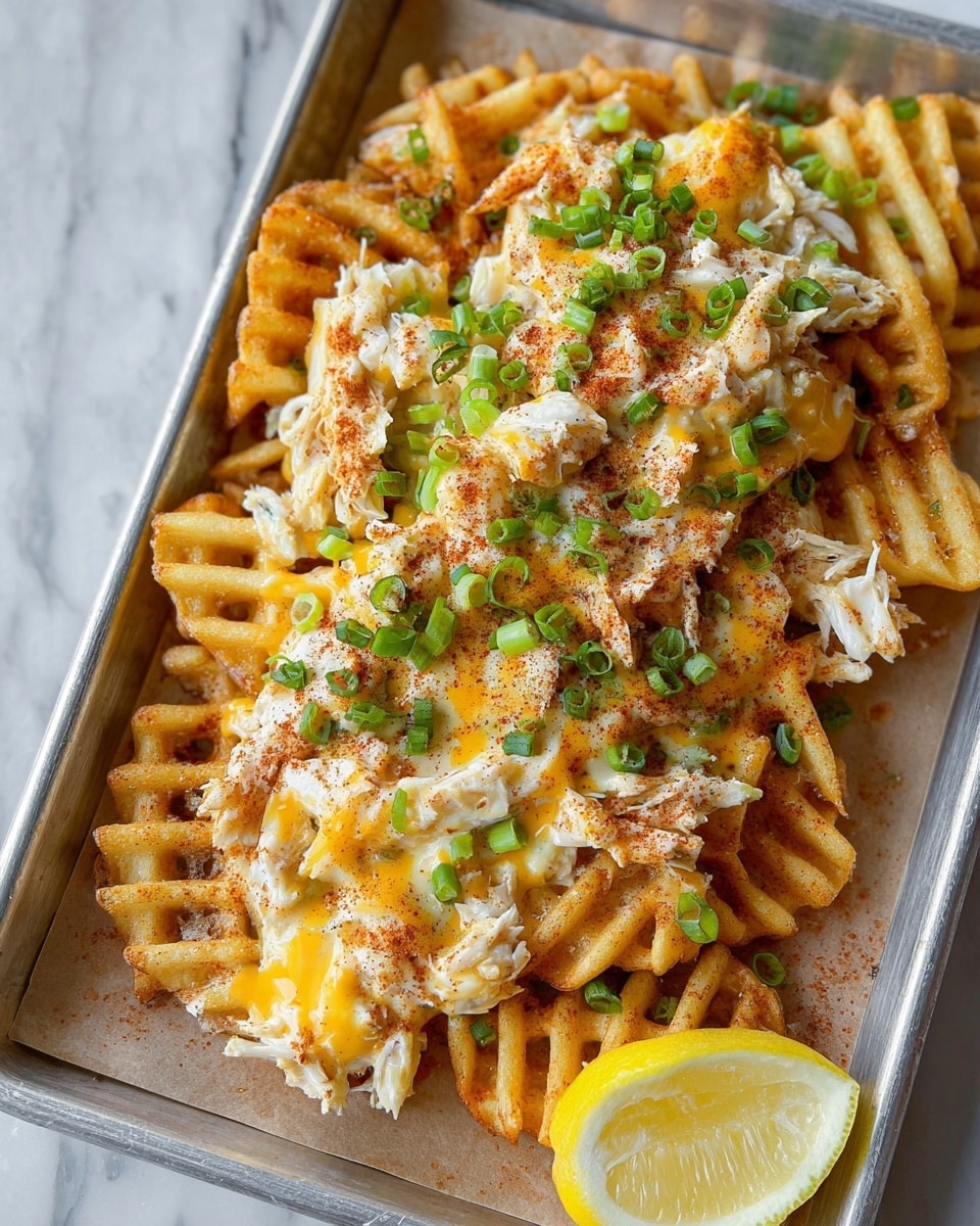 A metal tray lined with parchment paper holds a base layer of golden, crispy waffle fries arranged closely together. On top, there is a thick layer of creamy white crab meat mixed with melted bright orange cheddar cheese. The dish is sprinkled with finely chopped green onions and a dusting of reddish-brown seasoning. A fresh lemon wedge sits at the corner of the tray. The setting is on a white marbled surface. photo taken with an iphone --ar 4:5 --v 7