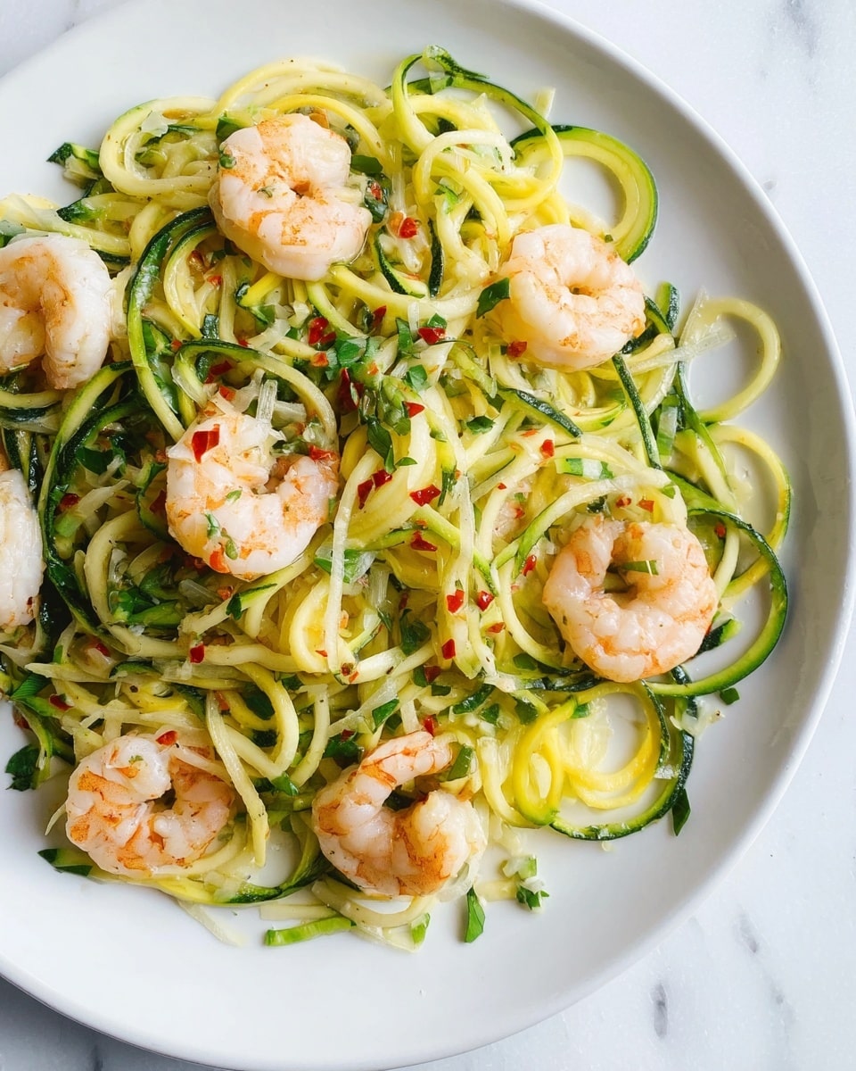 This image shows a white plate with zucchini noodles in yellow and green spiral strips as the base layer. On top, there are six cooked shrimp with a pale pink and white texture, placed evenly around the plate. Small green herb pieces are scattered throughout the zucchini noodles, mixing with tiny bits of red chili flakes and garlic. The plate is set on a white marbled surface, and the lighting highlights the fresh and light texture of the dish. Photo taken with an iphone --ar 4:5 --v 7
