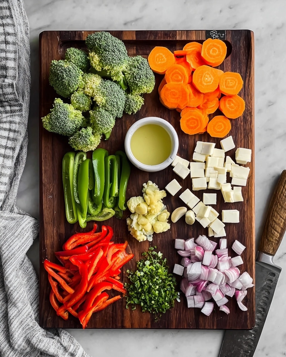 The image shows a dark wood cutting board placed on a white marbled surface with various fresh ingredients neatly arranged in separate groups. In the top left corner, there are bright green broccoli florets, next to a pile of thin round orange carrot slices on the top right. Below the broccoli, there are small creamy white cubes of tofu. Below the carrot slices, a small white bowl holds a light yellow-green liquid. In the center of the board, shiny green sliced jalapeños are laid out vertically. On the left bottom corner, bright red bell pepper strips are spread out. Nearby, several peeled small garlic cloves and thin slices of light yellow ginger are placed next to finely chopped green herbs. To the right of these, there are several pieces of pale purple shallots, and at the bottom right corner, there are small white and green slices of lemongrass. A large knife is resting on the top edge of the board, and a woman's hand towel with gray and white stripes is slightly visible at the bottom right corner of the surface. Photo taken with an iphone --ar 4:5 --v 7