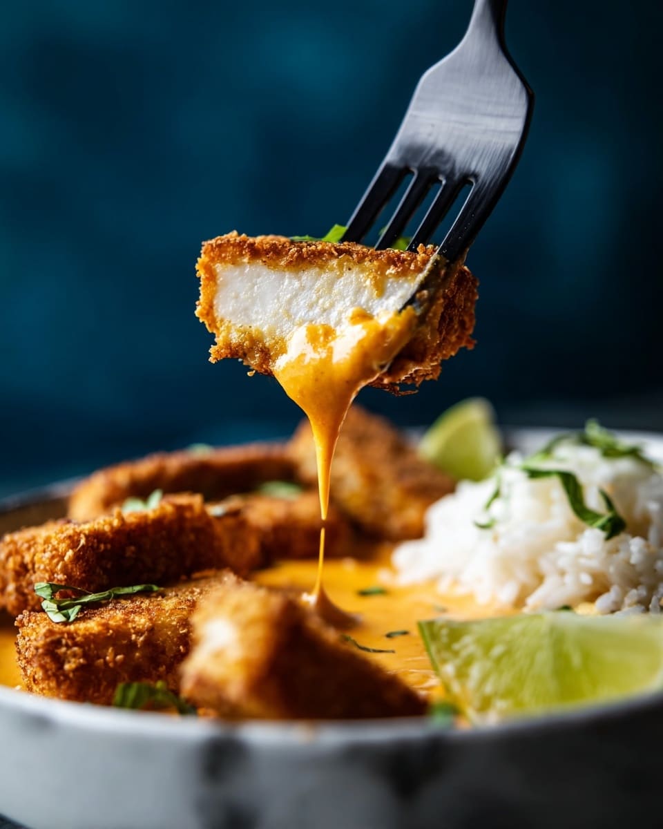 The image shows a close-up of a piece of crispy golden-brown fried tofu on the prongs of a black fork, with a creamy, bright orange sauce dripping from the bottom edge. The tofu is thick with a white, soft inside and a crunchy textured outside. Below the fork, inside a white bowl, there are multiple pieces of the same tofu partially dipped in the orange sauce, along with a small portion of white rice on the side and a wedge of lime. Small green herb leaves are sprinkled on top, and the bowl rests on a white marbled surface. The background is a deep blue blurred out. Photo taken with an iphone --ar 4:5 --v 7