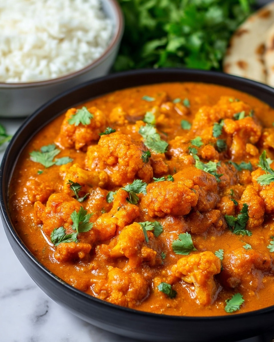 A close-up shot of a black bowl filled with rich orange curry, showing many small florets of cauliflower covered in thick, smooth sauce, garnished with small pieces of fresh green cilantro leaves scattered on top. In the background, there is a white bowl with plain white rice and some green cilantro leaves partially visible, all set on a white marbled surface. The colors are vibrant with the warm orange of the curry contrasting with the bright green cilantro and white rice photo taken with an iphone --ar 4:5 --v 7