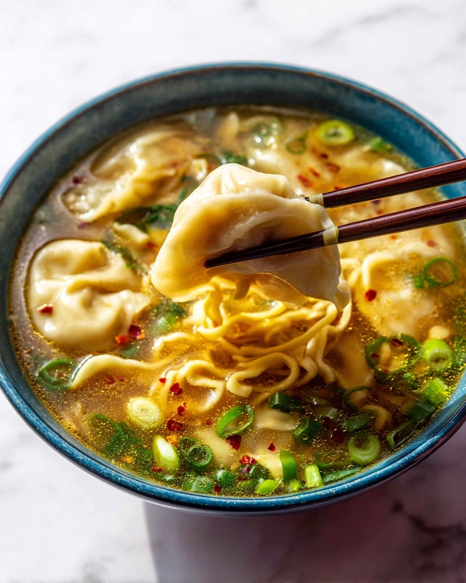 A close-up view of a blue bowl filled with clear broth soup layered with green chopped scallions, light yellow noodles, and white dumplings speckled with red chili flakes; one dumpling is held above the bowl by a pair of dark brown chopsticks held by a woman's hand, showing the dumpling's soft and smooth dough texture. The background is a white marbled surface. photo taken with an iphone --ar 4:5 --v 7