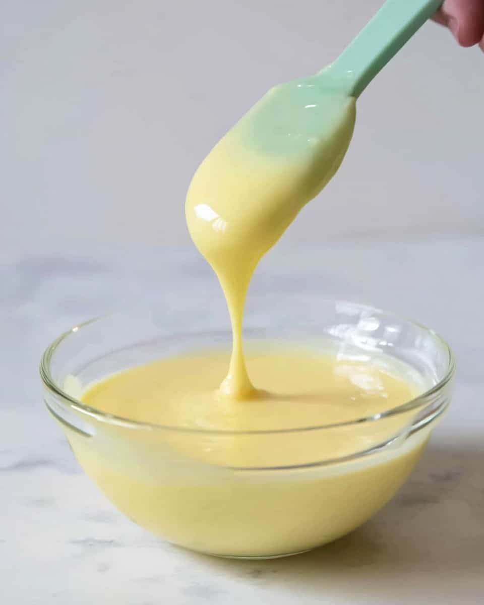 A clear glass bowl filled with smooth, thick pale yellow sauce sits on a white marbled surface. A pastel green spatula, held by a woman's hand just out of frame, lifts some of the sauce, showing its creamy, flowing texture as it slowly drips back into the bowl. The sauce has a shiny, almost glossy look under soft light, making it appear rich and velvety. The background is plain and soft, keeping focus on the bowl and sauce photo taken with an iphone --ar 4:5 --v 7