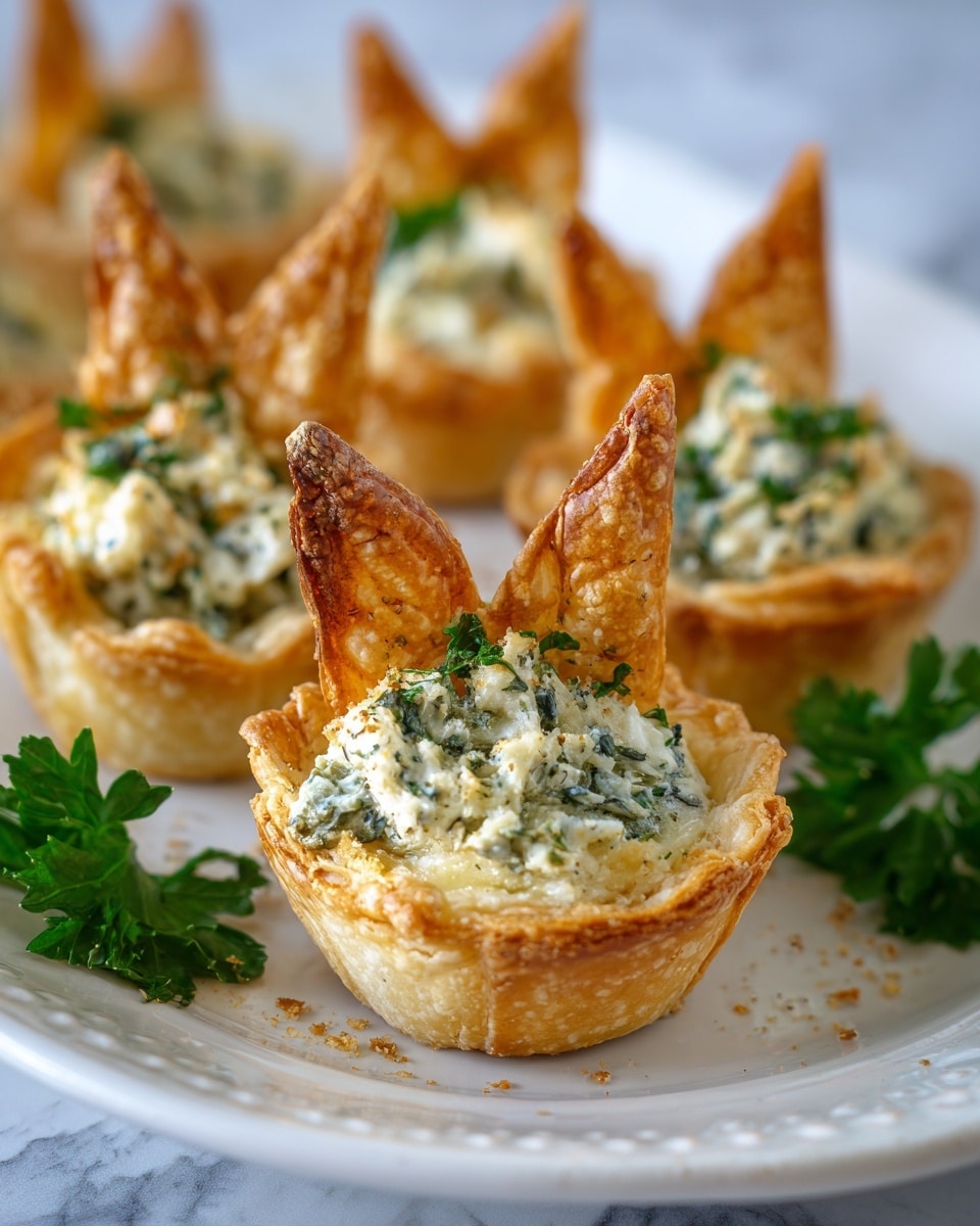 The image shows small golden-brown pastry cups filled with a creamy mixture that has green herbs mixed in. Each pastry cup is topped with two pointed, crisp, golden pieces that stand up like ears. They are arranged neatly on a white plate that has a delicate edge design, and the plate rests on a white marbled surface. Some green parsley leaves are scattered around the plate for decoration. The focus is sharp on the front pastry cups while the rest softly blur into the background. photo taken with an iphone --ar 4:5 --v 7