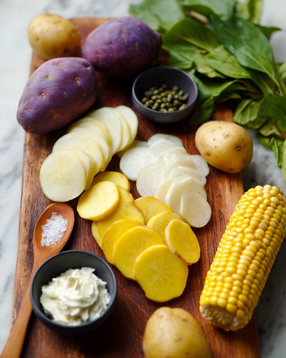 A wooden surface holds various fresh ingredients arranged loosely: a whole purple potato on the left, sliced thin white potato pieces in the center, and sliced yellow potato pieces in the front, all layered flat. To the right, there are two small whole yellow potatoes and a bright yellow corn cob positioned horizontally. Fresh green leaves are placed behind the sliced potatoes, and small black bowls in the background contain white salt and greenish capers. A small wooden spoon filled with white creamy sauce is near the purple potato. The background is a white marbled texture. Photo taken with an iphone --ar 4:5 --v 7