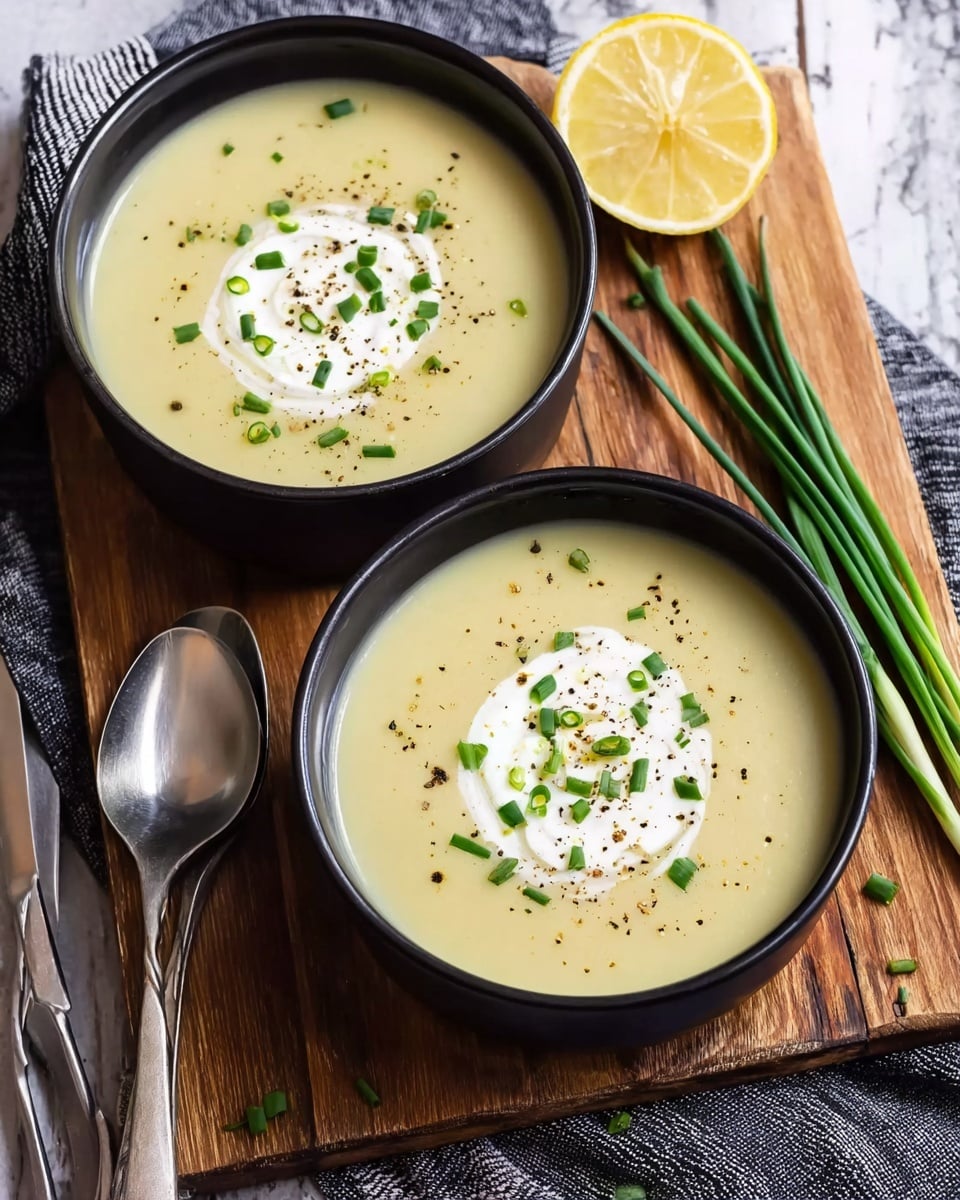 Two black bowls filled with smooth pale yellow soup are placed on a wooden board with a white marbled surface underneath. Each bowl has one layer of soup topped with a swirl of white cream, sprinkled with small green chive pieces and black pepper. To the side, there is a lemon slice resting on the board and a few green chive stalks lying next to it. Two silver spoons rest on a black and white striped cloth beside the bowls. Photo taken with an iphone --ar 4:5 --v 7