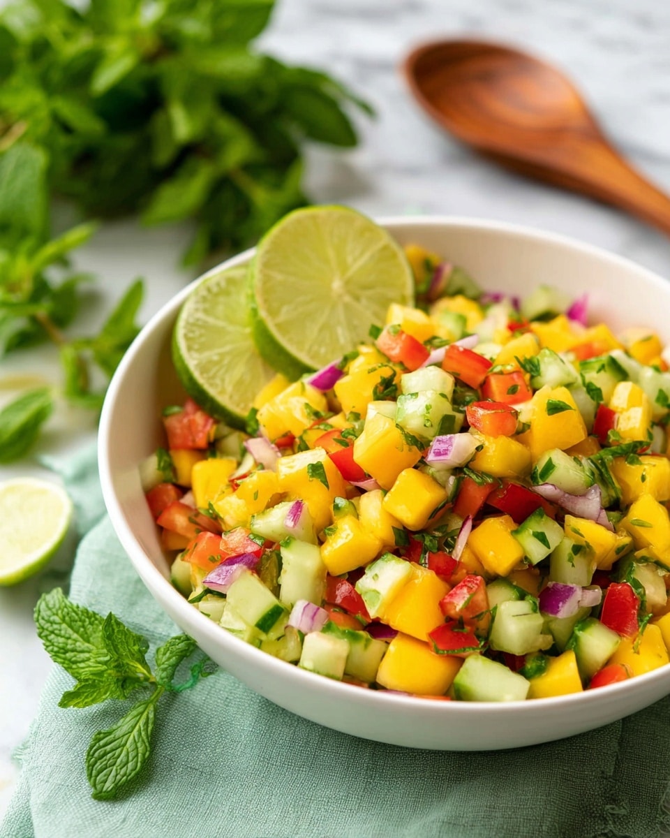 A white bowl is filled with a colorful salad made of small cubes of yellow mango, light green cucumber, red bell pepper, purple onion, and green herbs mixed together, all finely chopped and evenly spread. On top near the edge of the bowl are three lime wedges showing their light green inner flesh. The bowl sits on a soft green cloth atop a white marbled surface, with fresh green mint leaves in the background adding a fresh touch. A wooden spoon rests blurred behind the bowl. photo taken with an iphone --ar 4:5 --v 7
