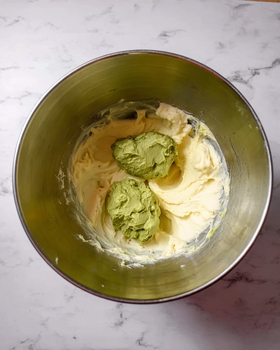 A silver metal mixing bowl with a smooth inside contains two main layers in the center: the bottom layer is a creamy, pale yellow mixture with a soft, whipped texture, and on top are two dollops of a thick green paste. The bowl is set on a white marbled surface. photo taken with an iphone --ar 4:5 --v 7
