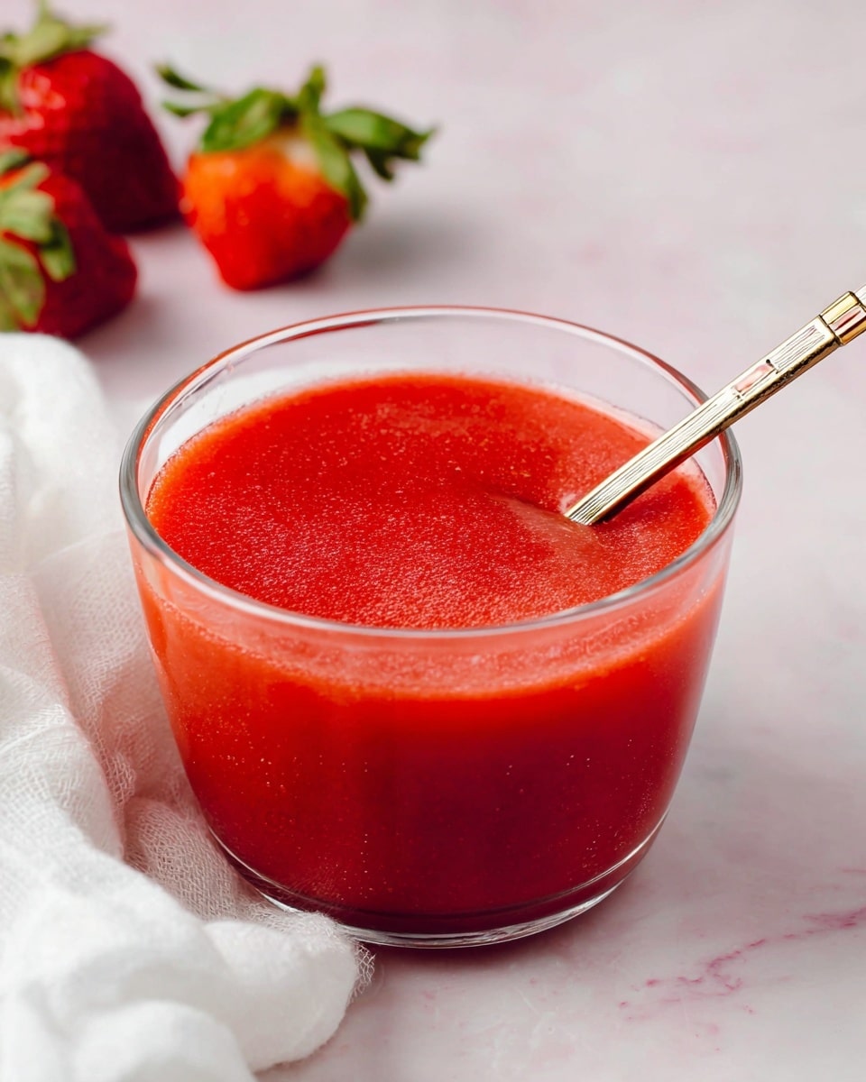 A clear glass bowl is filled with a smooth, bright red strawberry sauce that has a slightly thick texture with tiny bubbles on the surface. A silver spoon with a gold-toned handle is placed inside the bowl, gently resting on the sauce. Behind the bowl, a few fresh whole strawberries with green leaves are scattered on a white marbled textured surface. A white cloth is partially visible next to the bowl on the lower left side. The image has a soft light and clean look, photo taken with an iphone --ar 4:5 --v 7