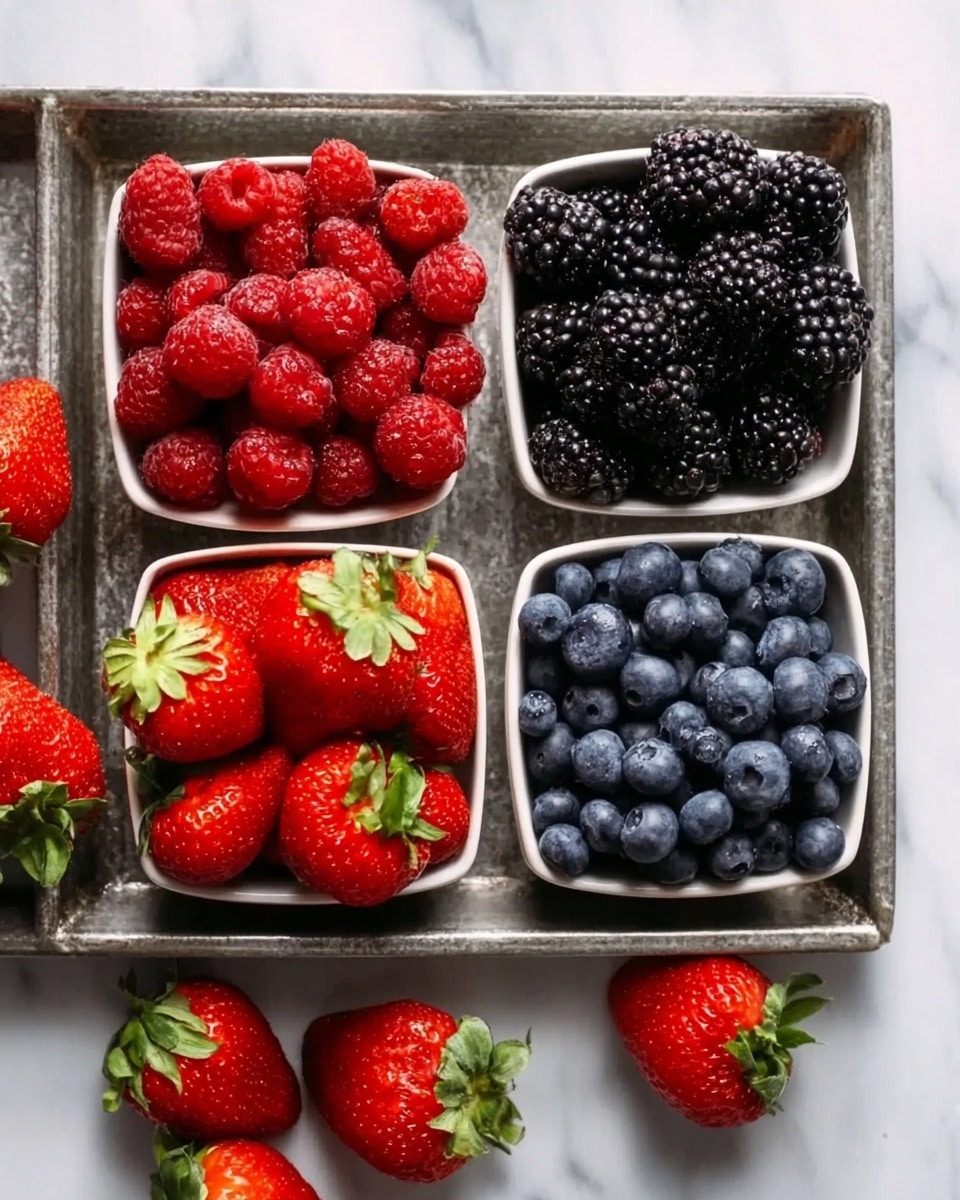 The image shows four small white bowls placed inside a square metal tray; each bowl is filled with different fresh berries: bright red raspberries in the top left bowl, shiny black blackberries in the top right bowl, plump dark blue blueberries in the bottom left bowl, and bright red strawberries in the bottom right bowl. Around the bowls, several more strawberries with green tops are scattered on the white marbled surface beneath the tray. The berries look fresh and juicy, with a soft natural light highlighting their colors. Photo taken with an iphone --ar 4:5 --v 7