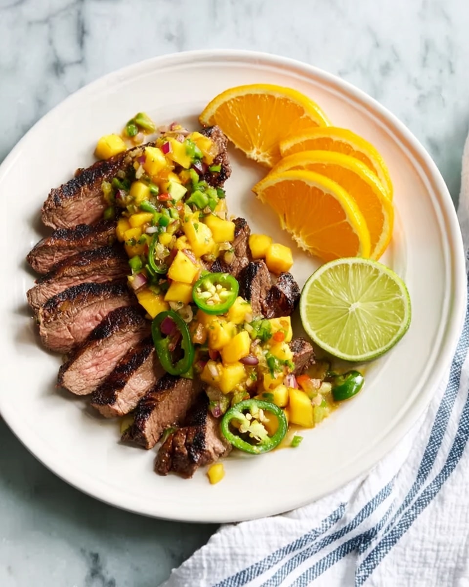 A white plate holds several slices of grilled steak arranged neatly in the center. On top of the steak, there is a layer of bright yellow mango salsa mixed with small pieces of red and green ingredients. Thin green slices of jalapeño are scattered across the salsa. To the side, there are three orange slices and one lime wedge placed near the steak. The plate sits on a white marbled surface, and a white cloth with blue stripes is placed on the right side of the plate. Photo taken with an iphone --ar 4:5 --v 7