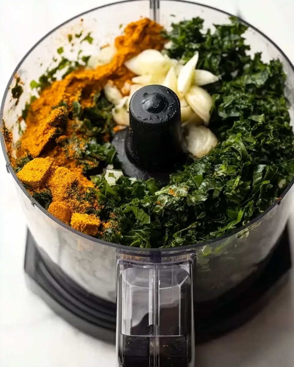 The image shows a close-up of a food processor bowl filled with various fresh ingredients layered neatly for blending. At the bottom, there is a dense layer of dark green leafy herbs with chopped white garlic pieces resting on top. Surrounding the herbs and garlic, there are more green leaves piled thickly on one side. On the other side, there is a bright orange-yellow spice powder sprinkled generously over the herbs, adding a warm color contrast. The food processor itself has a black blade holder in the middle and a white base with a reflective silver front on a white marbled surface. Photo taken with an iphone --ar 4:5 --v 7