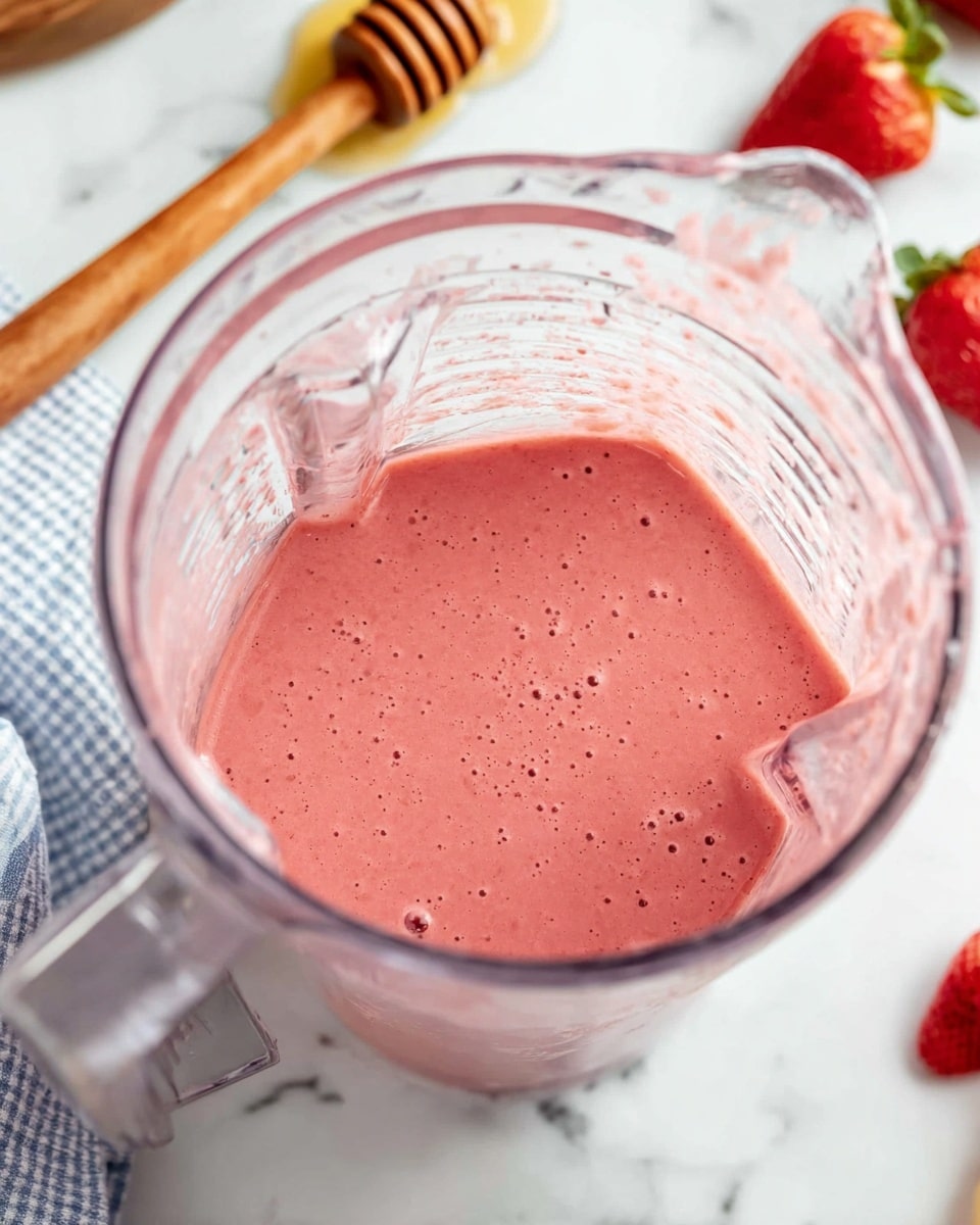 A clear blender filled halfway with a smooth, thick pink smoothie with small air bubbles and specks throughout, showing a creamy texture. The blender is on a white marbled surface with some fresh strawberries scattered around, and a wooden honey dipper lies on the left side. A piece of a blue and white checkered cloth is slightly visible in the upper left corner. The overall scene is bright and clean, focusing on the vibrant pink smoothie inside the transparent blender. photo taken with an iphone --ar 4:5 --v 7