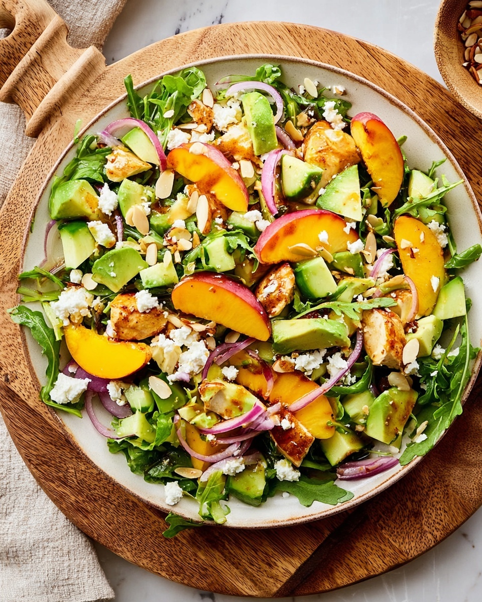 A salad on a round white plate placed on a wooden serving board with handles. The base layer is leafy green arugula spread evenly across the plate. On top, there are thin slices of bright orange-yellow peach scattered around. Fresh green avocado slices are arranged in small clusters across the salad. Light green cucumber pieces are spread among the other elements. Light purple thin onion slices are spread around, adding contrast. Small chunks of light brown grilled chicken are scattered over the salad. White crumbled cheese is sprinkled on top, along with pale beige almond slices. The whole arrangement is fresh and colorful, with the white marbled surface underneath the wooden board. Photo taken with an iphone --ar 4:5 --v 7
