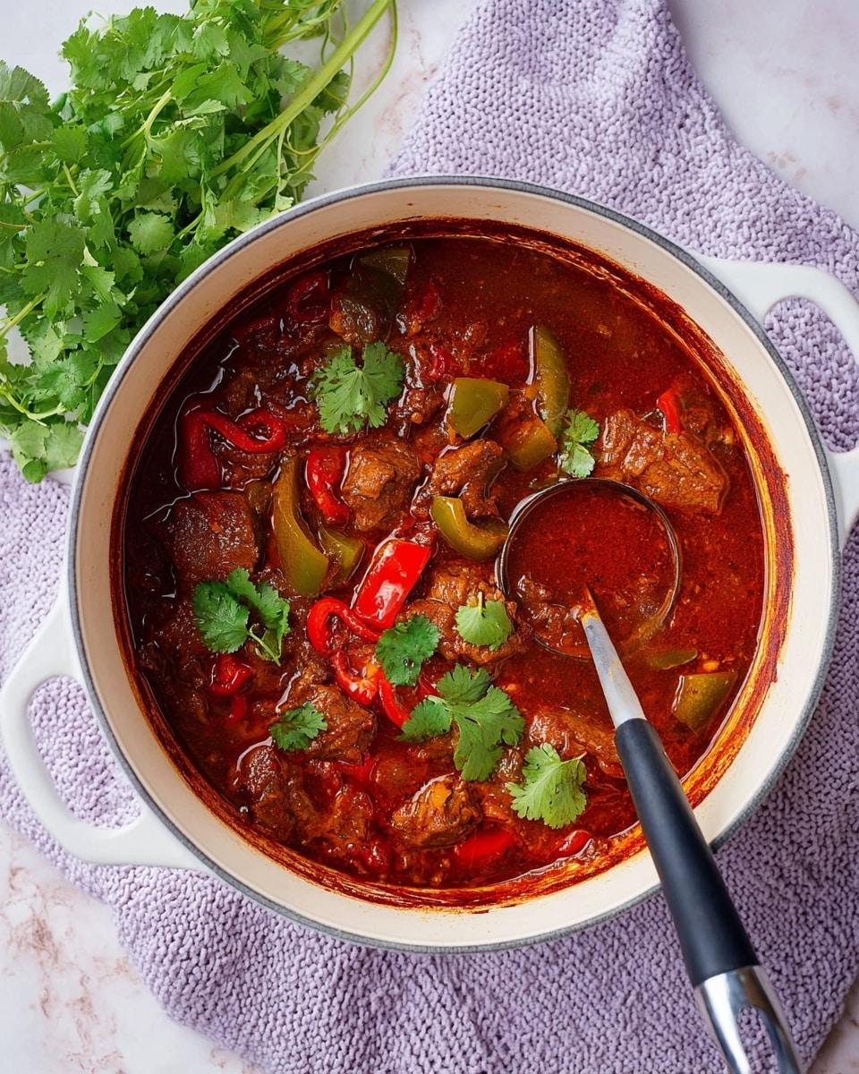 A top view of a white pot filled with a rich, deep red stew showing chunks of green and red bell peppers and pieces of meat layered in thick sauce, garnished with bright green cilantro leaves sprinkled on top, a black and silver ladle resting inside the pot, the pot placed on a light purple knitted cloth on a white marbled surface, with a bunch of fresh green herbs on the upper left side. photo taken with an iphone --ar 4:5 --v 7