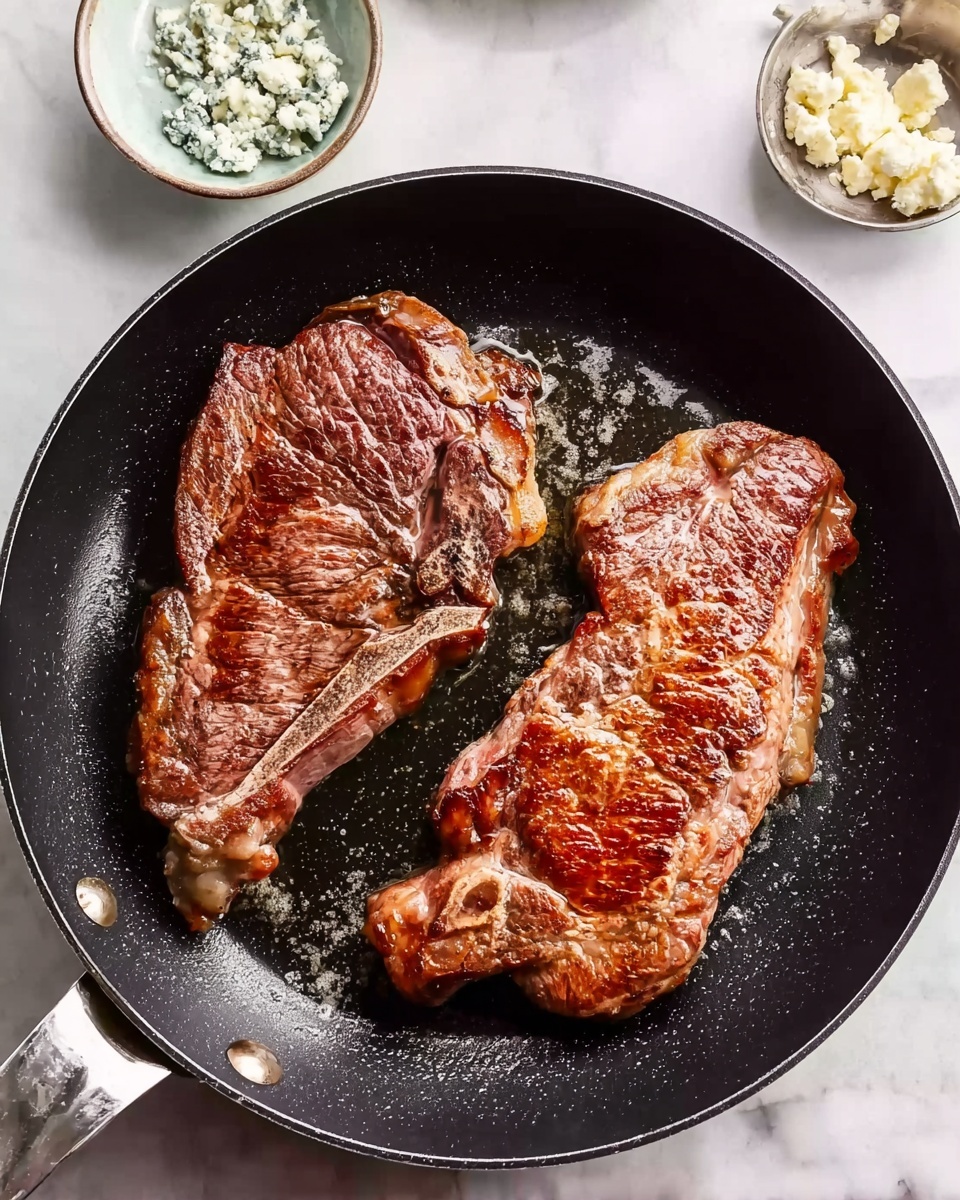 A black frying pan on a white marbled surface holds two large pieces of steak cooking, both showing a browned, seared texture with a mix of pink and reddish-brown colors. The left steak has a more intense brown crust, while the right one is shinier with visible juices and some bubbles. Around the pan, there are small bowls, including one with white and blue crumbly cheese. The scene has a casual, fresh cooking feel. Photo taken with an iphone --ar 4:5 --v 7