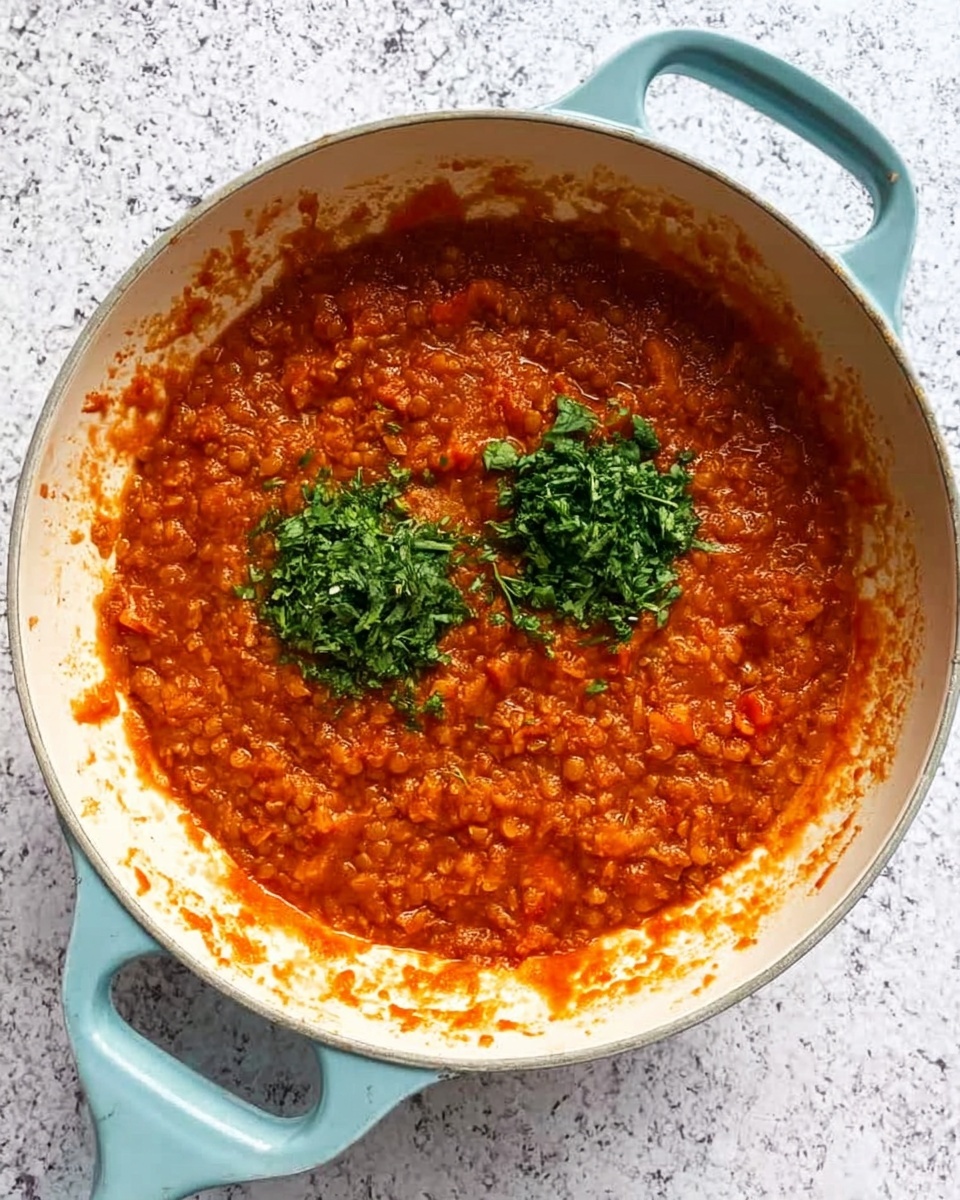 A white pan with light blue handles filled with thick, red-orange sauce made of cooked lentils and spices. On top of the sauce are two small piles of finely chopped fresh green herbs placed near the center. The pan is set on a white marbled textured surface with some sauce splattered on the inner sides of the pan. photo taken with an iphone --ar 4:5 --v 7