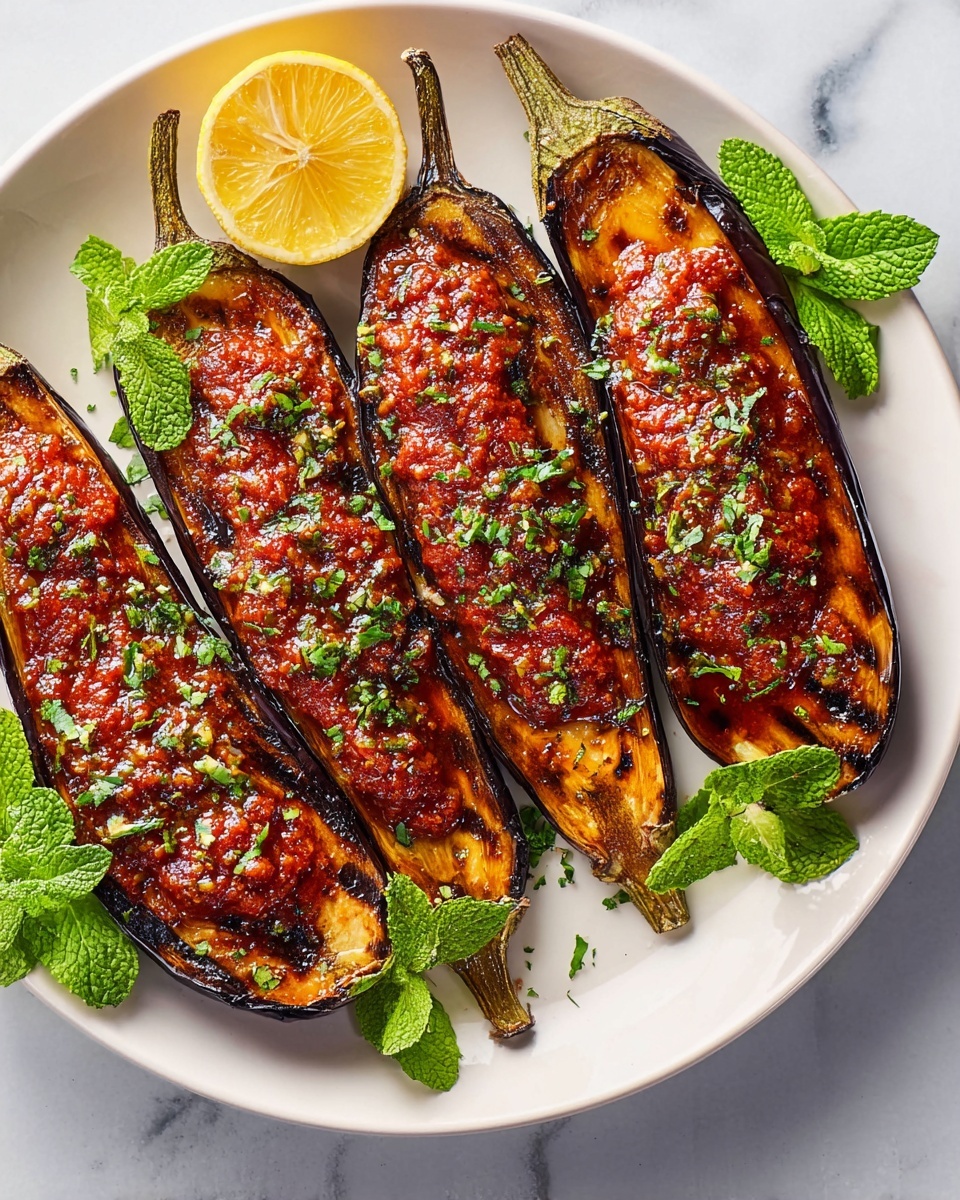 Four grilled eggplant halves are laid out on a white plate, each topped with a thick, chunky red sauce that looks rich and glossy. The eggplants have a dark, charred skin with visible grill marks, and the sauce is sprinkled with finely chopped green herbs. Bright green mint leaves are placed on top of each eggplant half, adding a fresh contrast. On the side of the plate, a lemon half adds a pop of yellow. The plate sits on a white marbled surface. Photo taken with an iphone --ar 4:5 --v 7