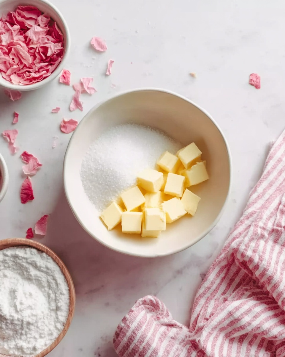 A white bowl sits on a white marbled surface with a pink and white striped cloth beside it. Inside the bowl are small yellow butter cubes on the right side and white sugar on the left side. Around the bowl, there are small scattered pink flower petals and parts of other bowls filled with white powder and pink flower petals are partly visible. The scene is bright and softly lit, showing a fresh and clean baking setup. photo taken with an iphone --ar 4:5 --v 7