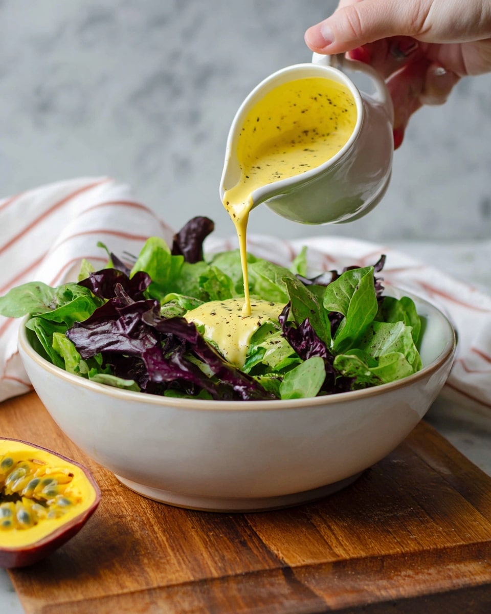 A woman's hand pours a thick yellow dressing with black pepper specks from a small white ceramic cup over a fresh salad in a large white bowl. The salad has two main layers of leaves: the bottom layer shows bright green lettuce leaves with a smooth texture, and the top layer is dark purple, slightly wrinkled leafy greens scattered all over. The bowl sits on a wooden cutting board with visible grain patterns, and nearby is a halved fruit with a yellow and black seed-filled interior. The background is a white marbled texture with a white cloth with thin red stripes partly in view. photo taken with an iphone --ar 4:5 --v 7