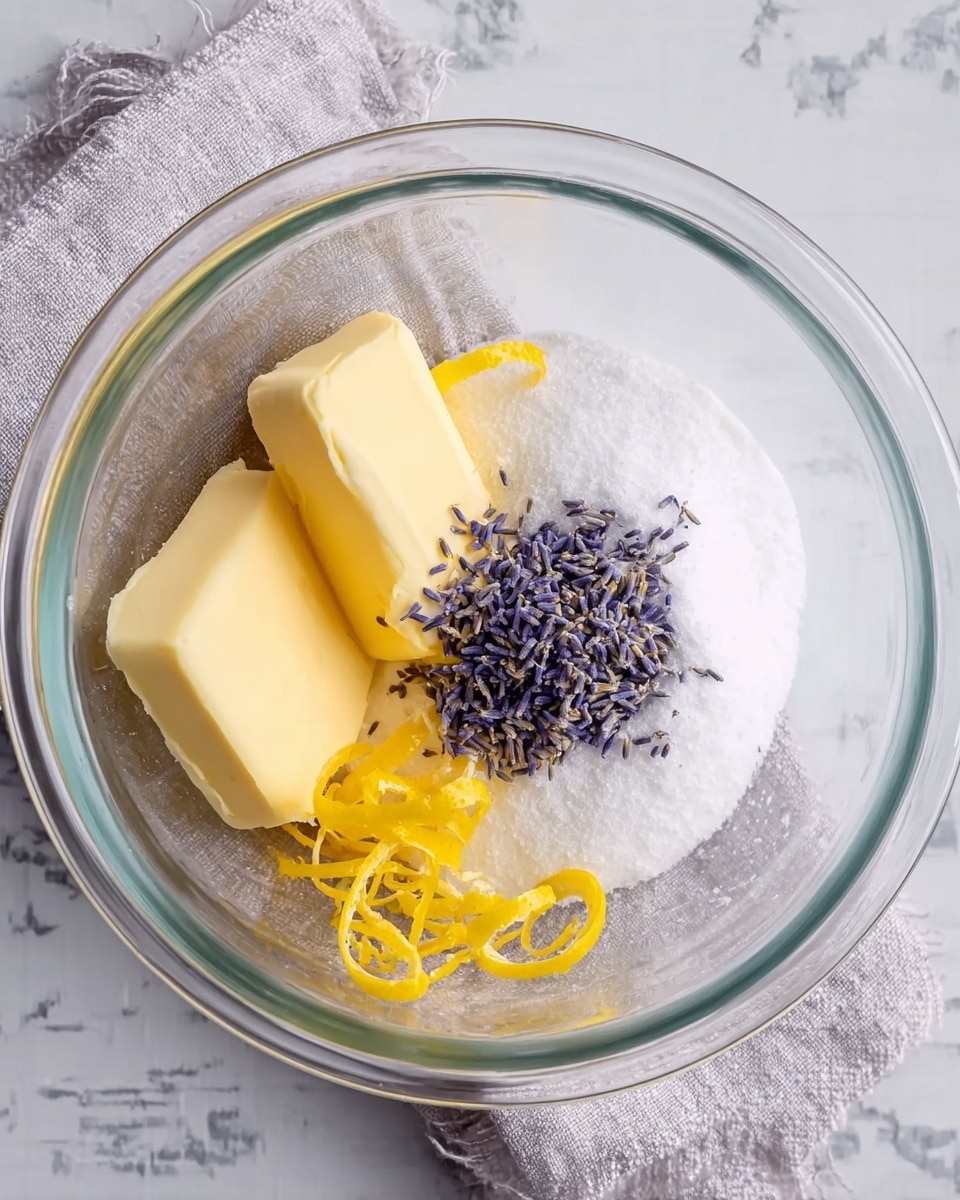 In a clear glass bowl placed on a white marbled surface with a light gray cloth nearby, there are three main layers of ingredients: two solid pale yellow butter sticks on the bottom left, a pile of fine white sugar on the right, and small clusters of dried lavender flowers with dark purple color scattered on top of the butter and sugar. There are also bright yellow lemon peel strips curled up next to the sugar and lavender, creating a contrast of colors against the clear bowl and white marbled surface. Photo taken with an iphone --ar 4:5 --v 7