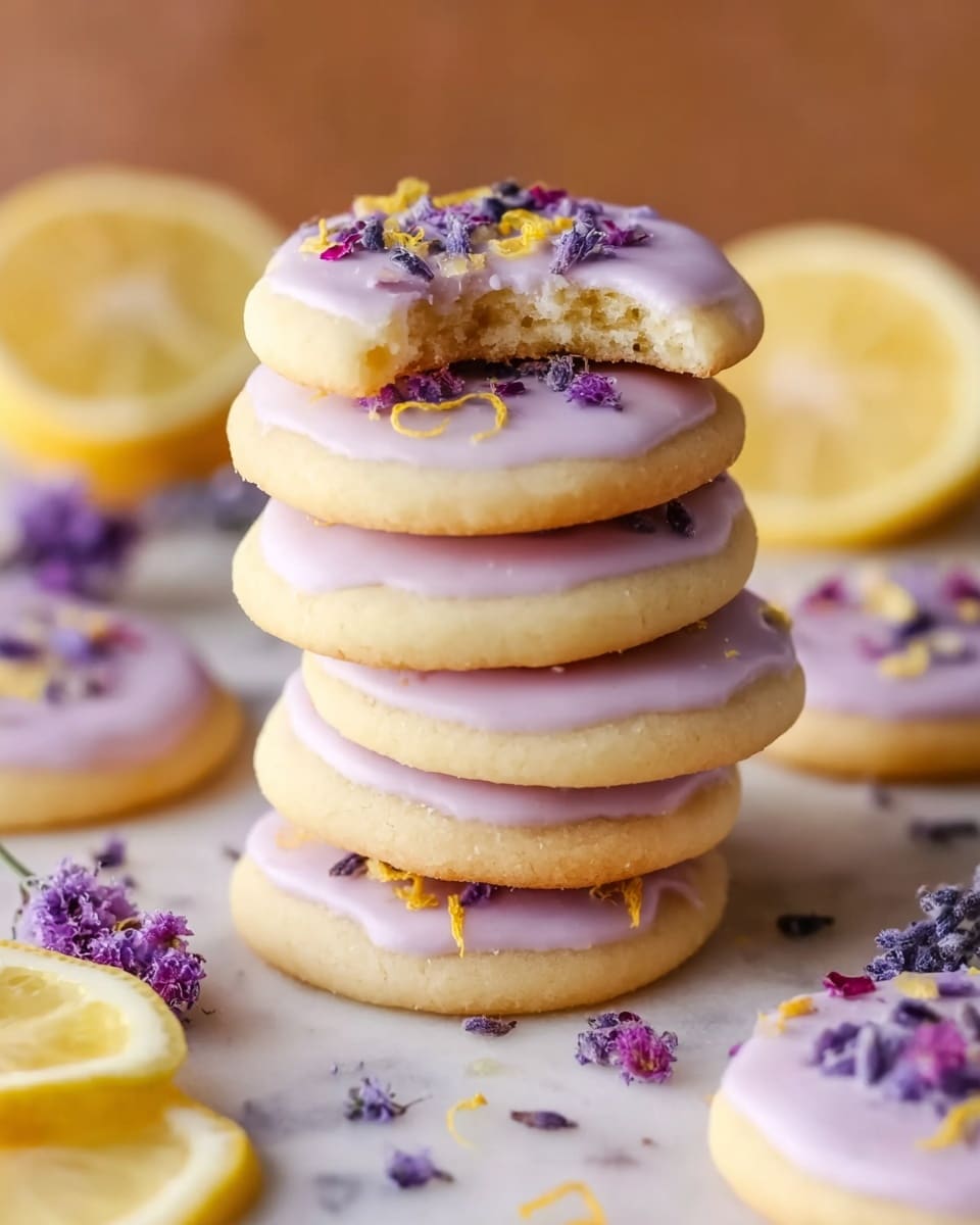 The image shows a stack of five soft, round cookies on a white marbled surface. The cookies are light golden with smooth, pale purple icing on top, decorated with small purple flowers and tiny yellow bits. The top cookie has a bite taken from it, revealing a soft, crumbly inside. Around the stack are more cookies with the same purple icing and decorations, fresh lemon slices, and sprigs of purple flowers scattered softly in the background. photo taken with an iphone --ar 4:5 --v 7
