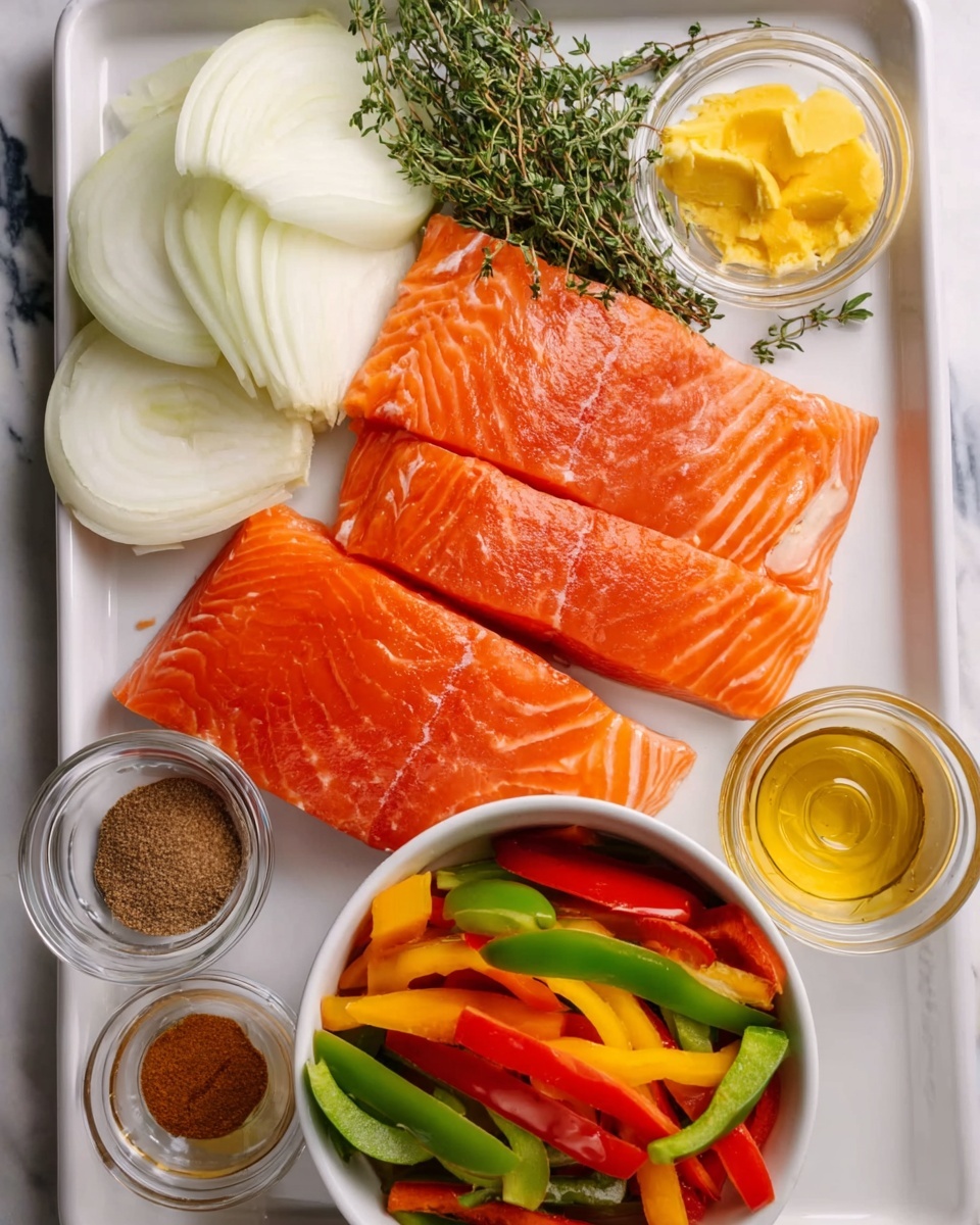 The image shows a white tray with multiple food items arranged neatly. At the bottom center, there are three thick, raw salmon fillets with bright orange color and visible white lines. On the top left side of the tray, several thin slices of white onion are stacked, next to a small bunch of fresh green thyme. On the right side, a white bowl filled with long strips of green, red, and orange bell peppers sits on the tray. Around the salmon fillets, several small clear glass containers hold different ingredients like melted golden butter, brown spice powder, and yellow sauce or paste. The tray is placed on a white marbled surface. Photo taken with an iphone --ar 4:5 --v 7