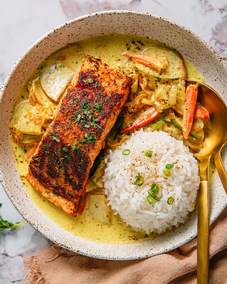 A white speckled bowl holds a serving of food with two main parts. On the left side, there is a piece of cooked salmon with a dark reddish-brown seared crust sprinkled with green herbs. Underneath and around the salmon, there is a creamy yellow sauce with visible slices of vegetables like orange carrots and green peppers. On the right side, a mound of white rice sits, garnished with small green herb pieces and black pepper. A golden spoon is placed on the right edge of the bowl. The bowl rests on a white marbled surface with a light brown cloth partially visible underneath. Photo taken with an iphone --ar 4:5 --v 7