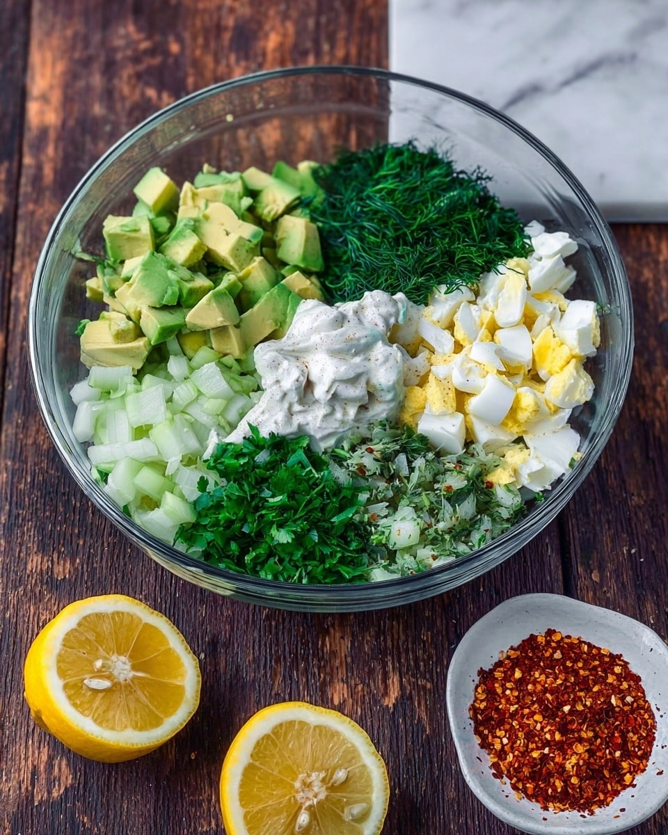 A clear glass bowl contains six separate layers arranged side by side: diced light green avocado chunks on the left, finely chopped dark green parsley next to it, creamy white sour cream in the center, finely chopped boiled egg pieces with white and yellow tones to the right, finely chopped celery in pale green below the egg, and finely chopped dark green dill below the sour cream. Next to the bowl on a dark wooden surface are two lemon halves with a yellow color and a small white bowl filled with red spice flakes. The background is a white marbled texture. Photo taken with an iphone --ar 4:5 --v 7