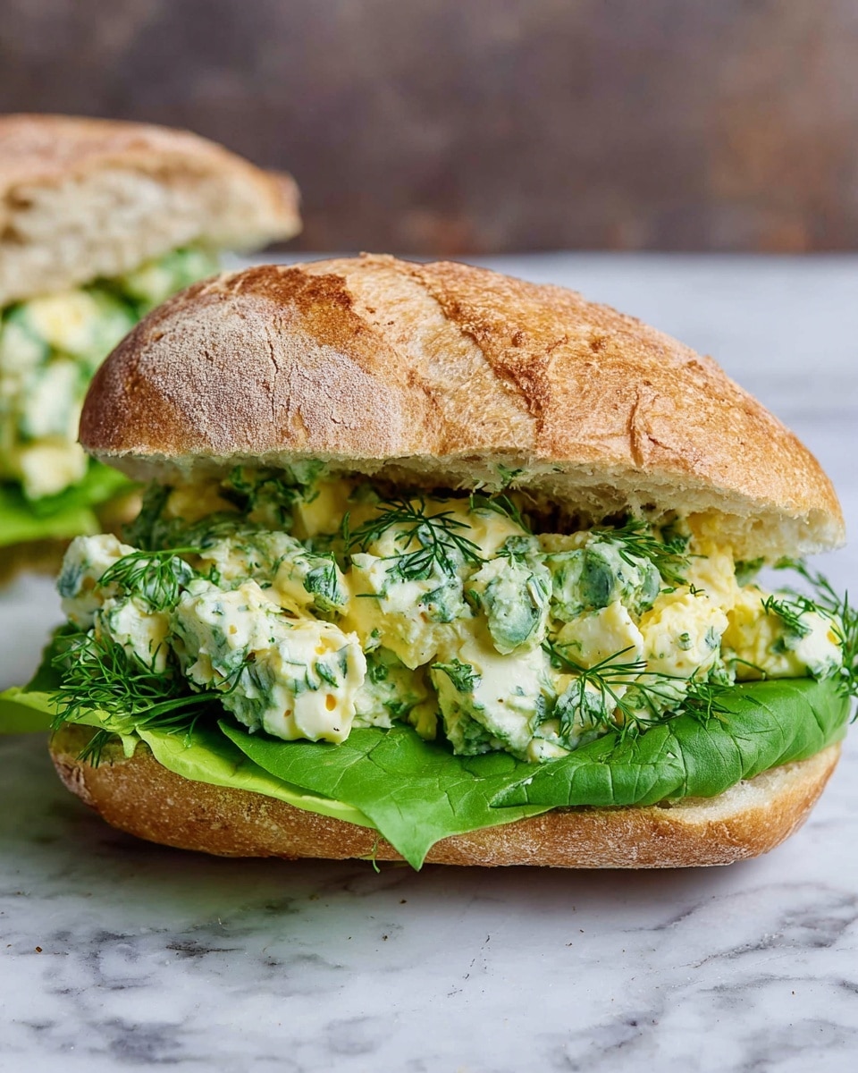 The sandwich shows three clear layers on a white crusty roll with a light golden-brown top that is soft yet slightly textured. The bottom layer is a fresh green leaf of lettuce that fills the sandwich width. On top of the lettuce are mixed pieces of chopped boiled eggs with creamy green chopped herbs, likely dill and parsley, creating a chunky, moist textured layer with soft white and yellow color broken up by flecks of green. Sprigs of fresh green herbs are visible poking out near the edges, adding a natural leafy texture. The sandwich is placed on a white marbled surface. Photo taken with an iphone --ar 4:5 --v 7