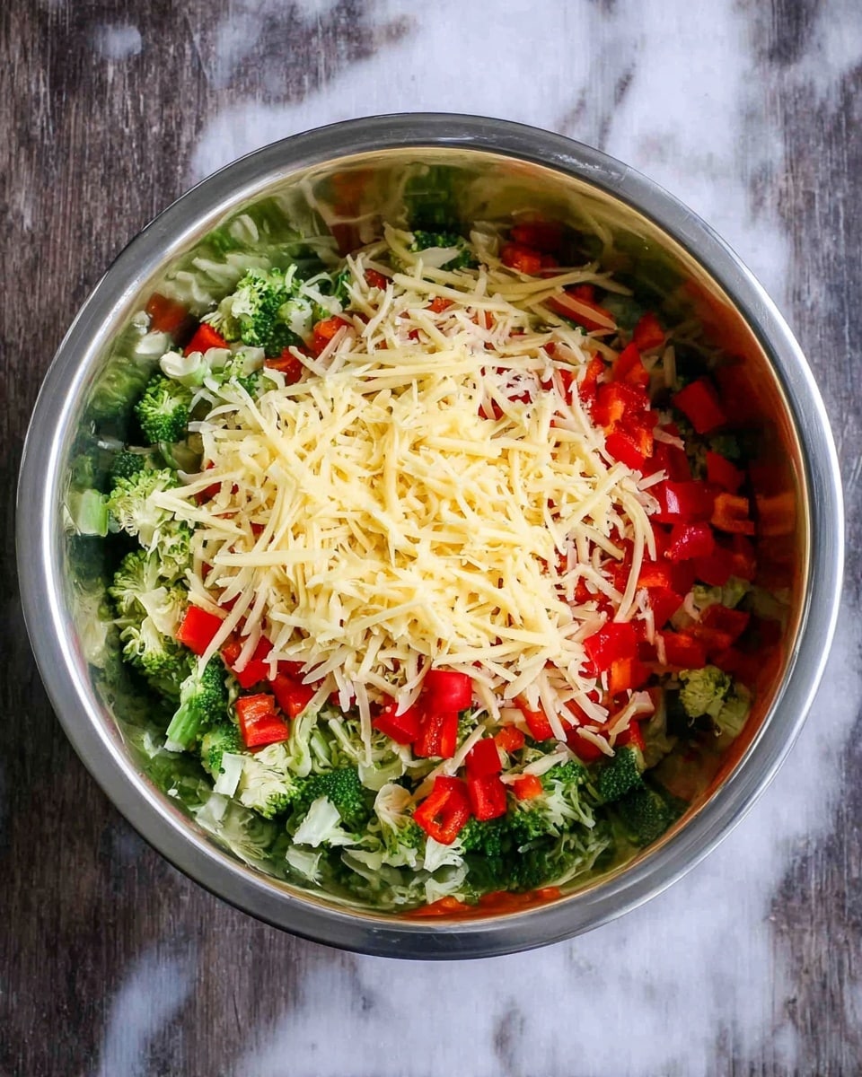 A metal bowl filled with a mix of fresh ingredients arranged in a layered way: the bottom layer is chopped green broccoli, the middle layer has bright red diced bell peppers scattered on top, and the top layer is shredded pale yellow cheese spread unevenly over the vegetables. The bowl rests on a white marbled surface. Photo taken with an iphone --ar 4:5 --v 7